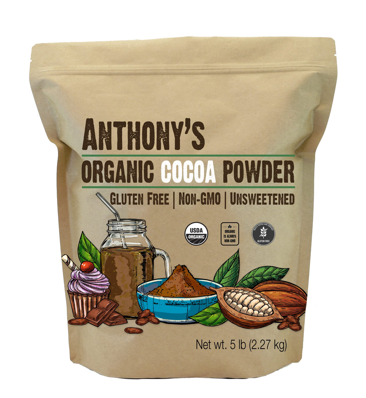 Anthonys Organic Raw Cocoa Powder, 5 lb, Batch Tested and Verified Gluten Free & Non GMO