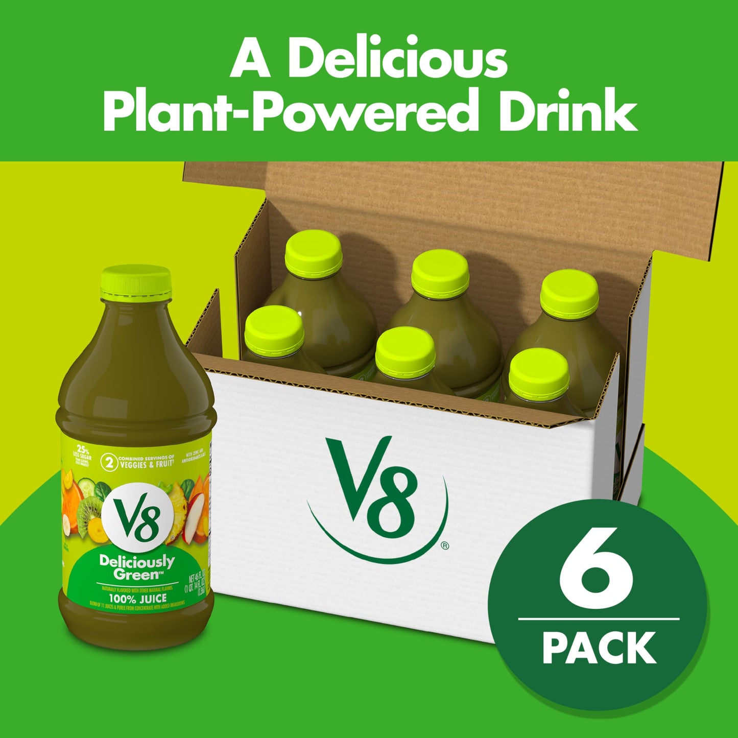 V8 Deliciously Green 100% Fruit and Vegetable Juice, 46 fl oz Bottle (6 Pack)