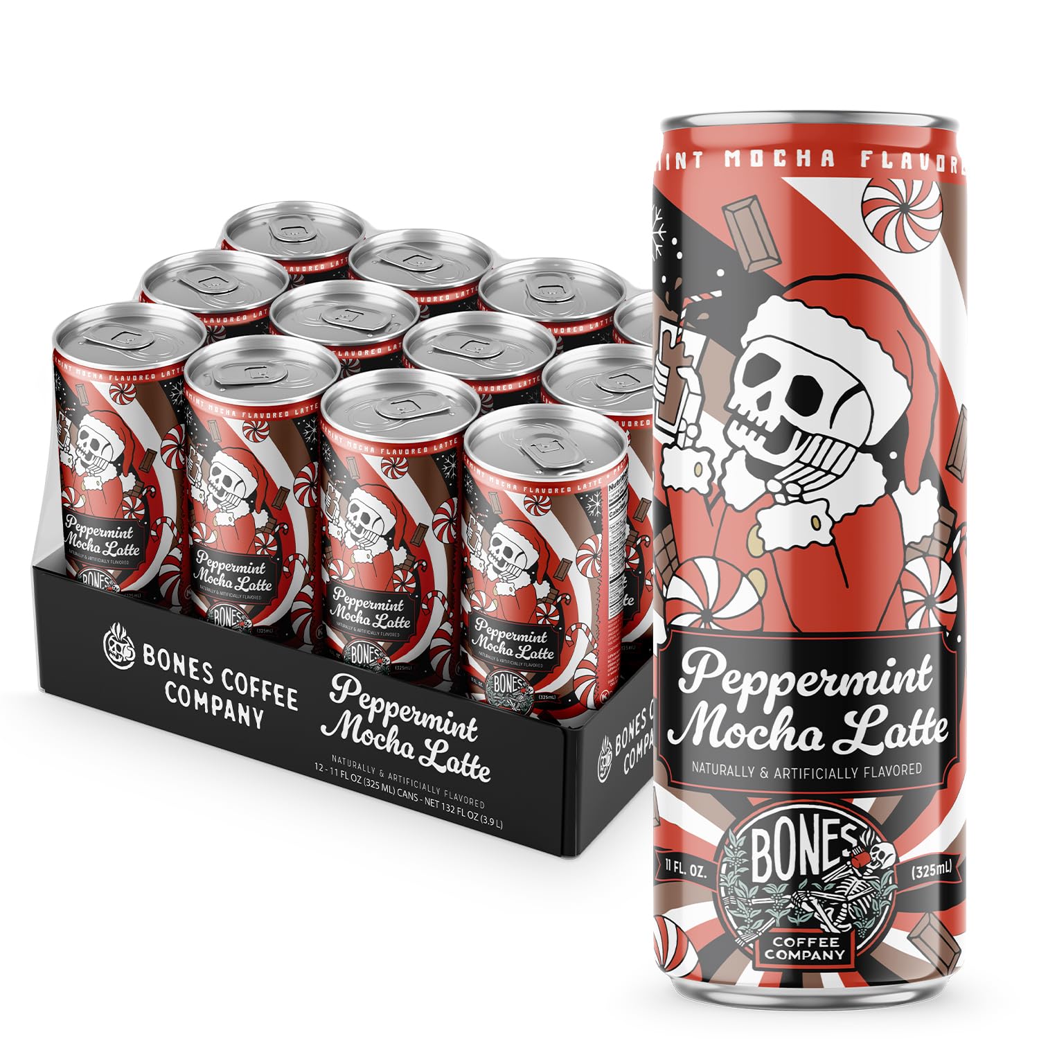 Bones Coffee Company Peppermint Mocha Latte Flavored Coffee  Medium Roast Ready To Drink Iced Coffee in Can  11 Fl Oz Can (12 Pack)