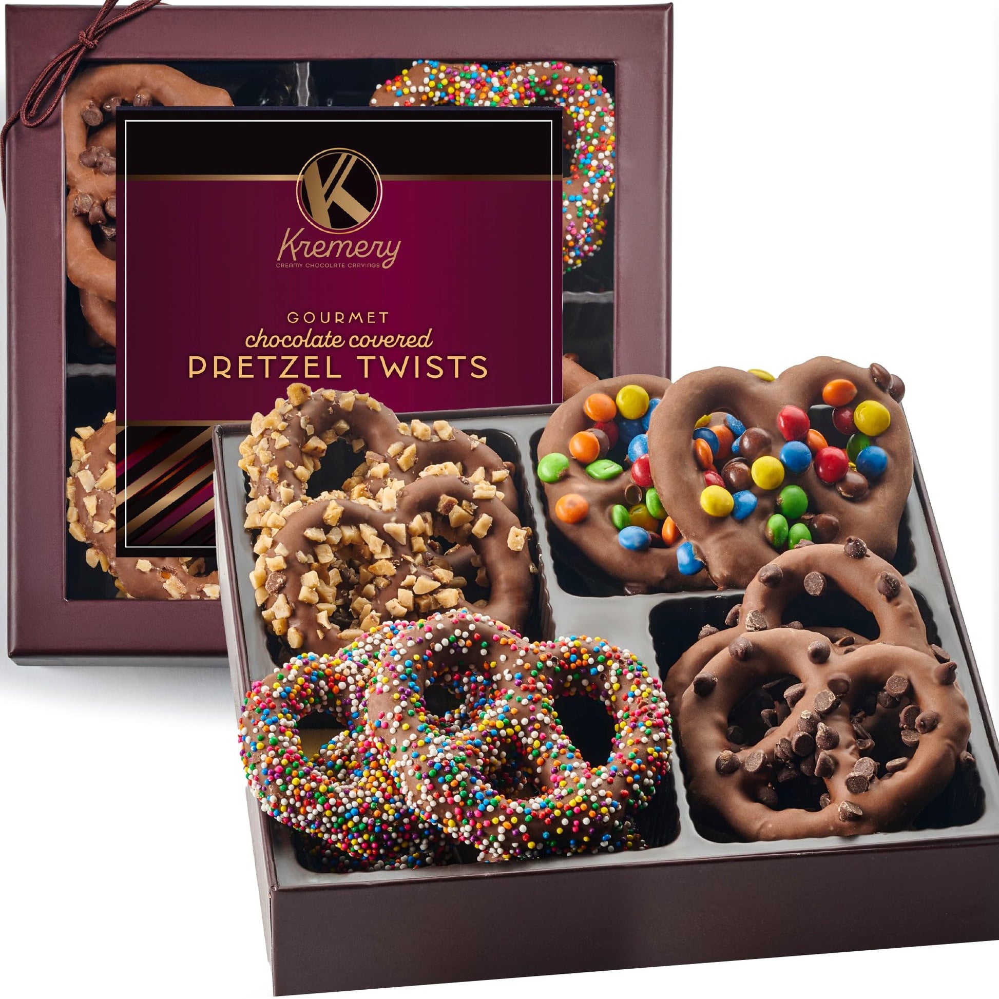 Nut Cravings KREMERY Creamy Chocolate Covered Pretzel Twists Gift Basket, 12 Piece Set, Assorted Sweet Toppings, Brown Gift Box