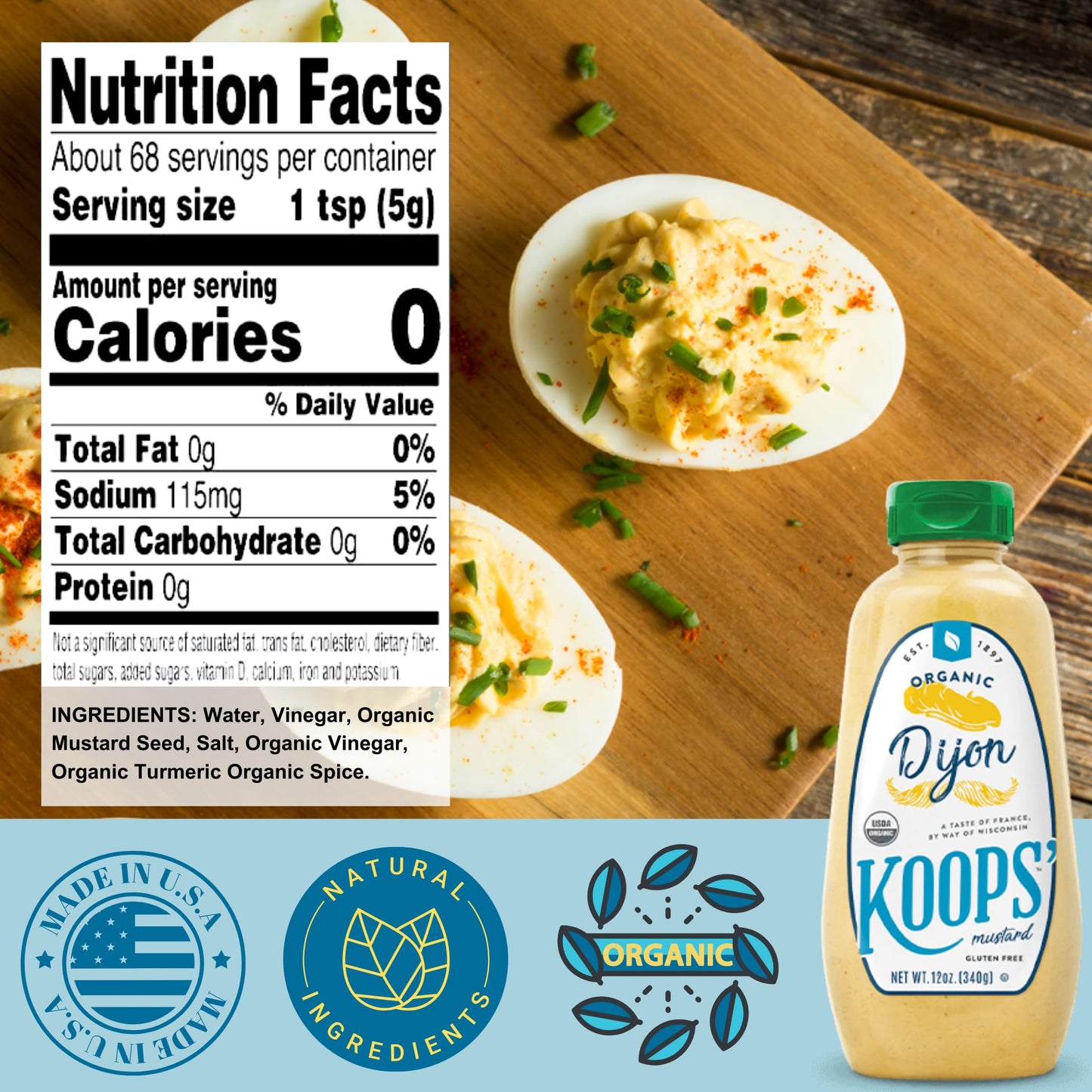 Koops Organic Dijon Mustard - Dijon Seasoning, Gluten-Free, Kosher, Non-GMO, USDA Certified Organic Mustard Sauce, Made in the