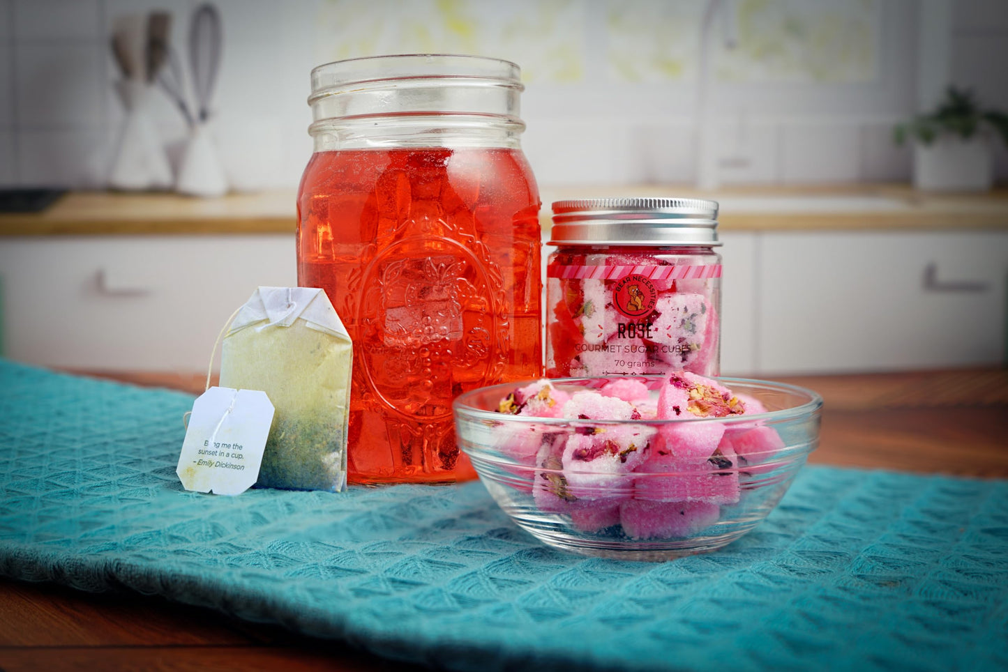 Bear Necessities Gourmet Rose Infused Sugar Cubes with Edible Rose Petals - 70g Jar - Perfect for Tea, Coffee & Cocktails