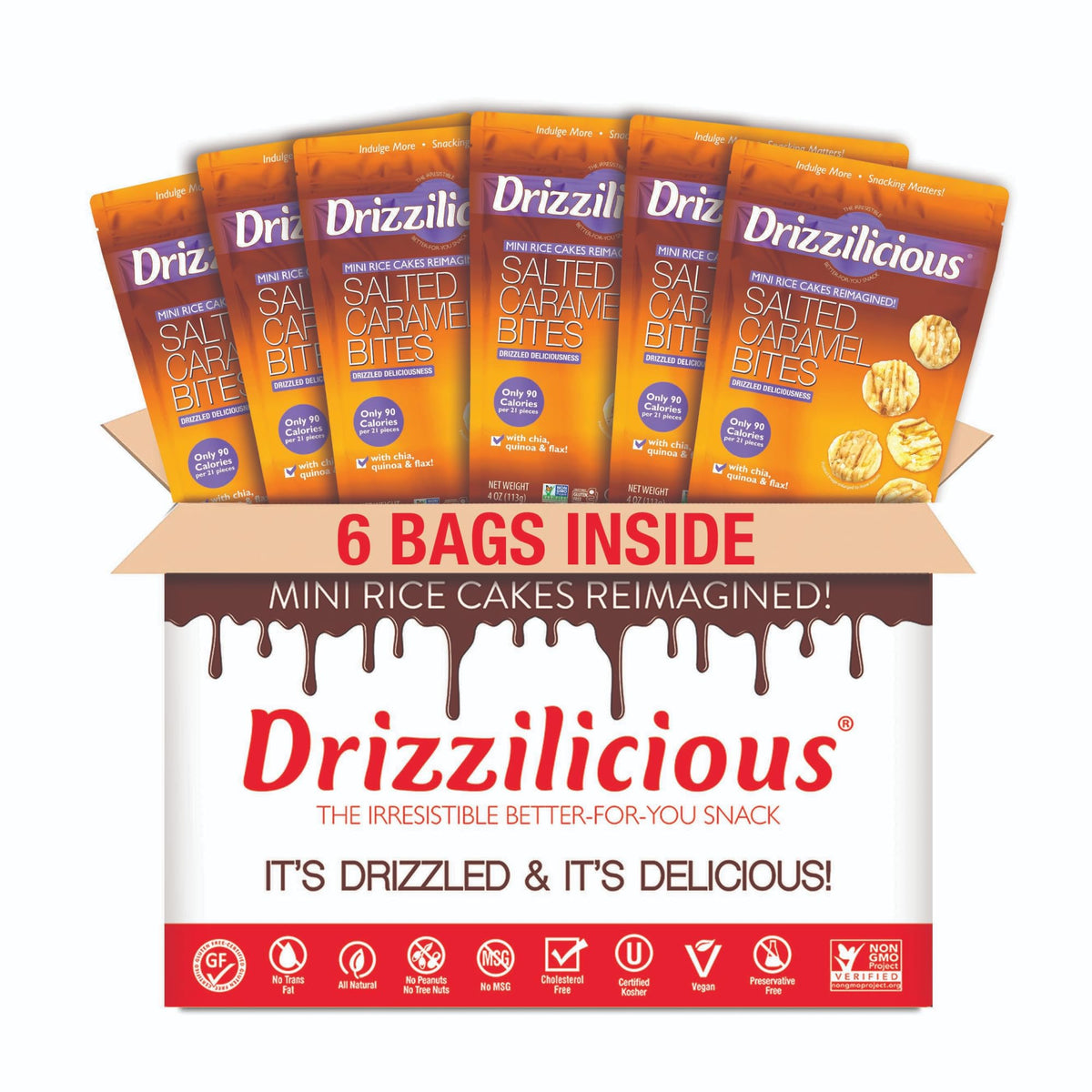 Drizzilicious Mini Rice Cakes Salted Caramel - Rice Crisps, Healthy Snack For Mature-Themeds & Kids, Flavored Rice Cakes, Vegan, Gluten Free, Allergen Free, 90 Calories Per Serving- 4 Oz (Pack Of 6)
