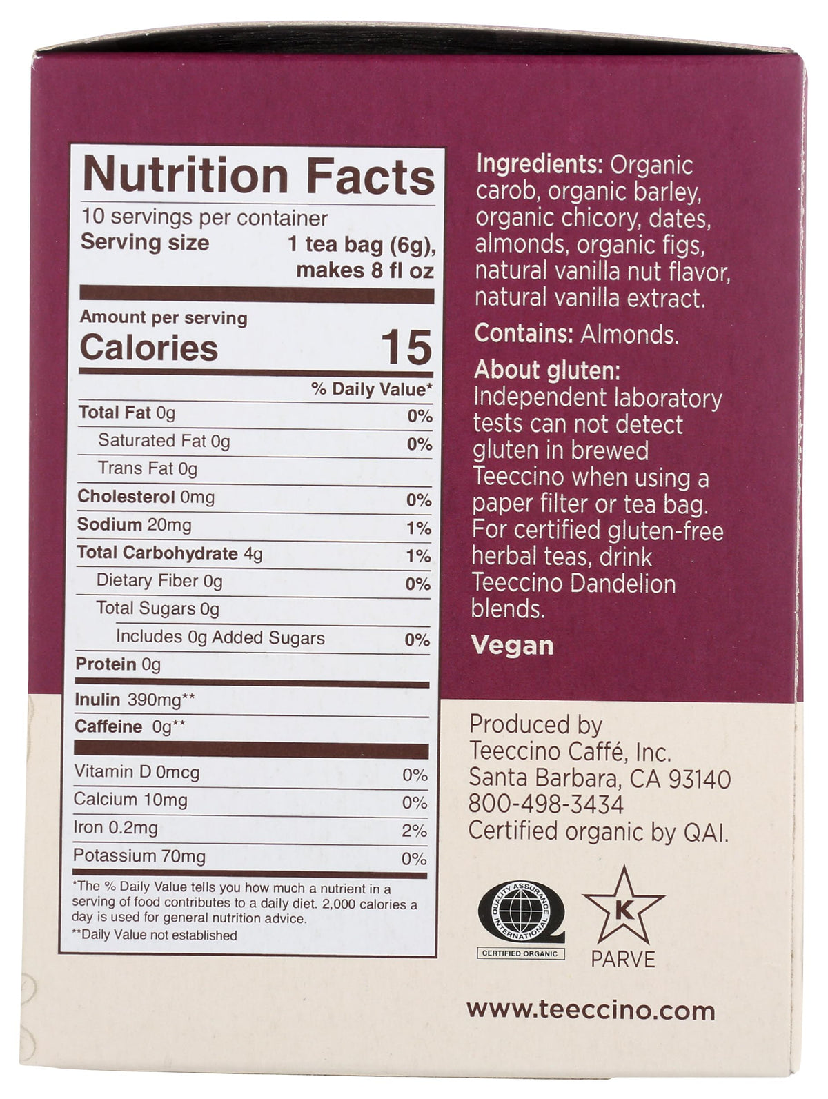 Teeccino Vanilla Nut Herbal Coffee Tea Bags, 10 Ct