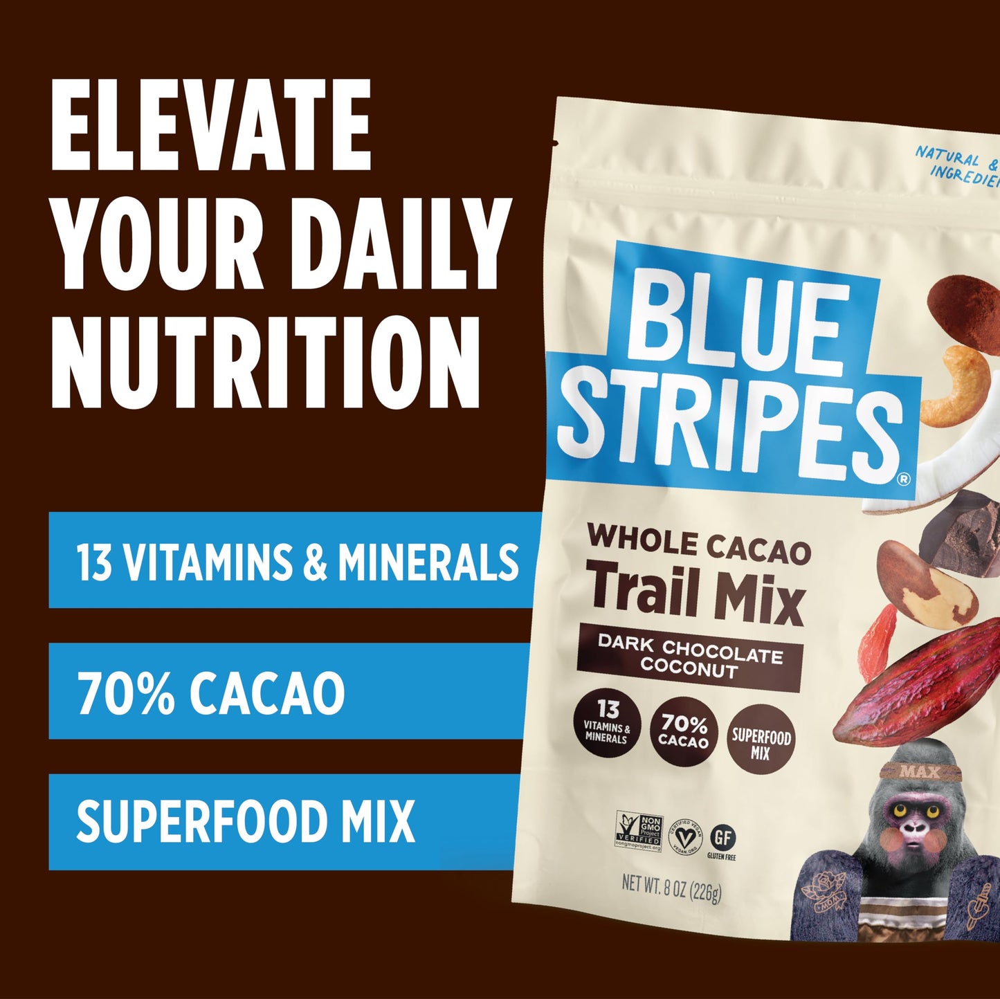 Blue Stripes - Trail Mix, Dark Chocolate Coconut, Mixed Nuts, Healthy Snacks for Adults, Cashews, Whole 70% Cacao, With Unrefine