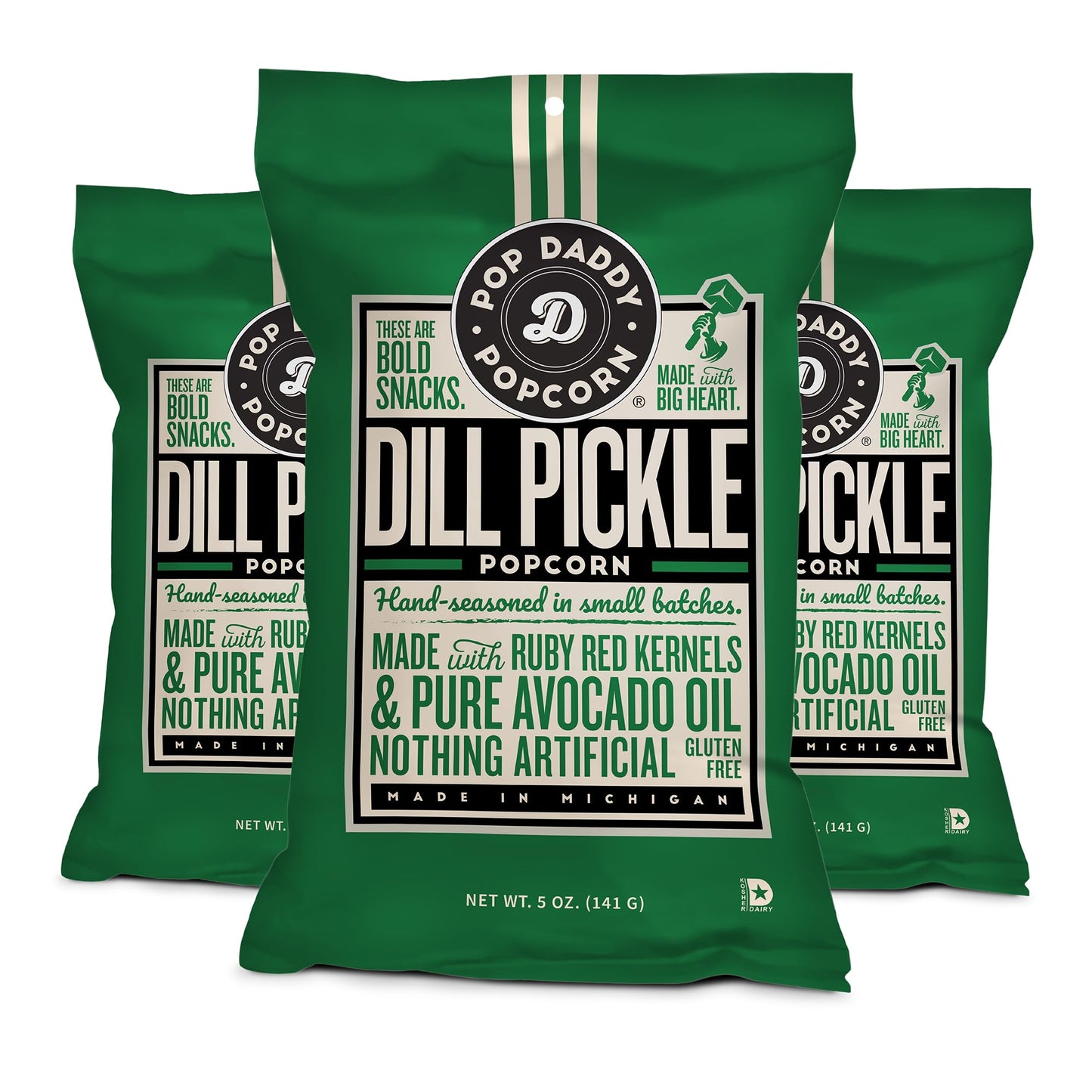 POP DADDY Gourmet Dill Pickle Flavored Popcorn, Gluten Free, 5oz Bags, 3 Pack