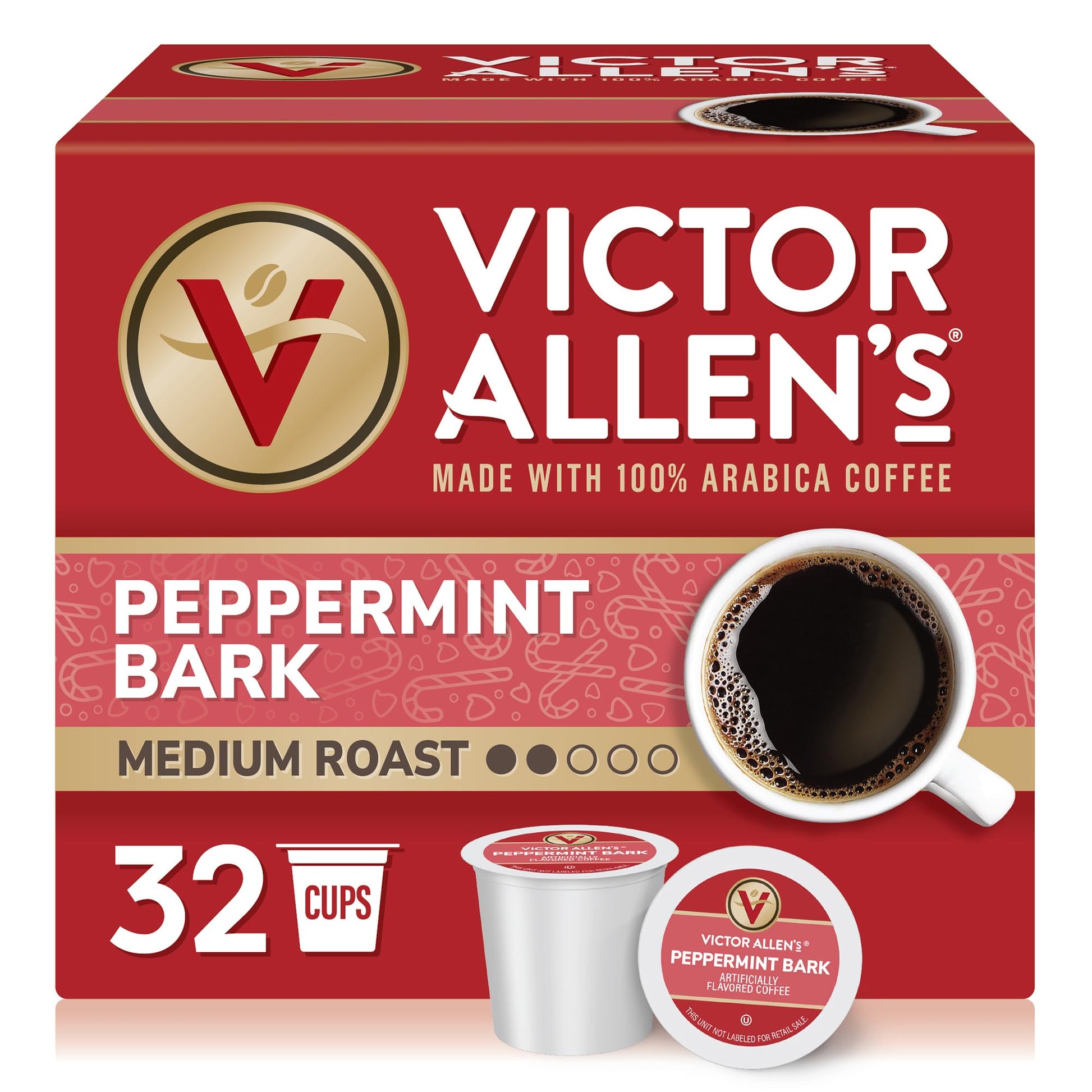 Victor Allens Coffee Peppermint Bark Medium Roast Single Serve Pods 32 Count Brown