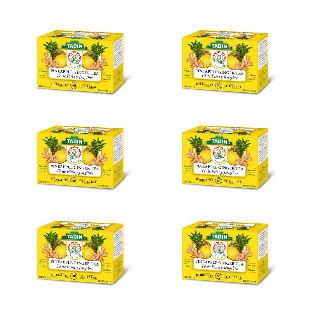Tadin Pineapple Ginger Herbal Tea, Caffeine Free, 24 Bags, Pack of 6