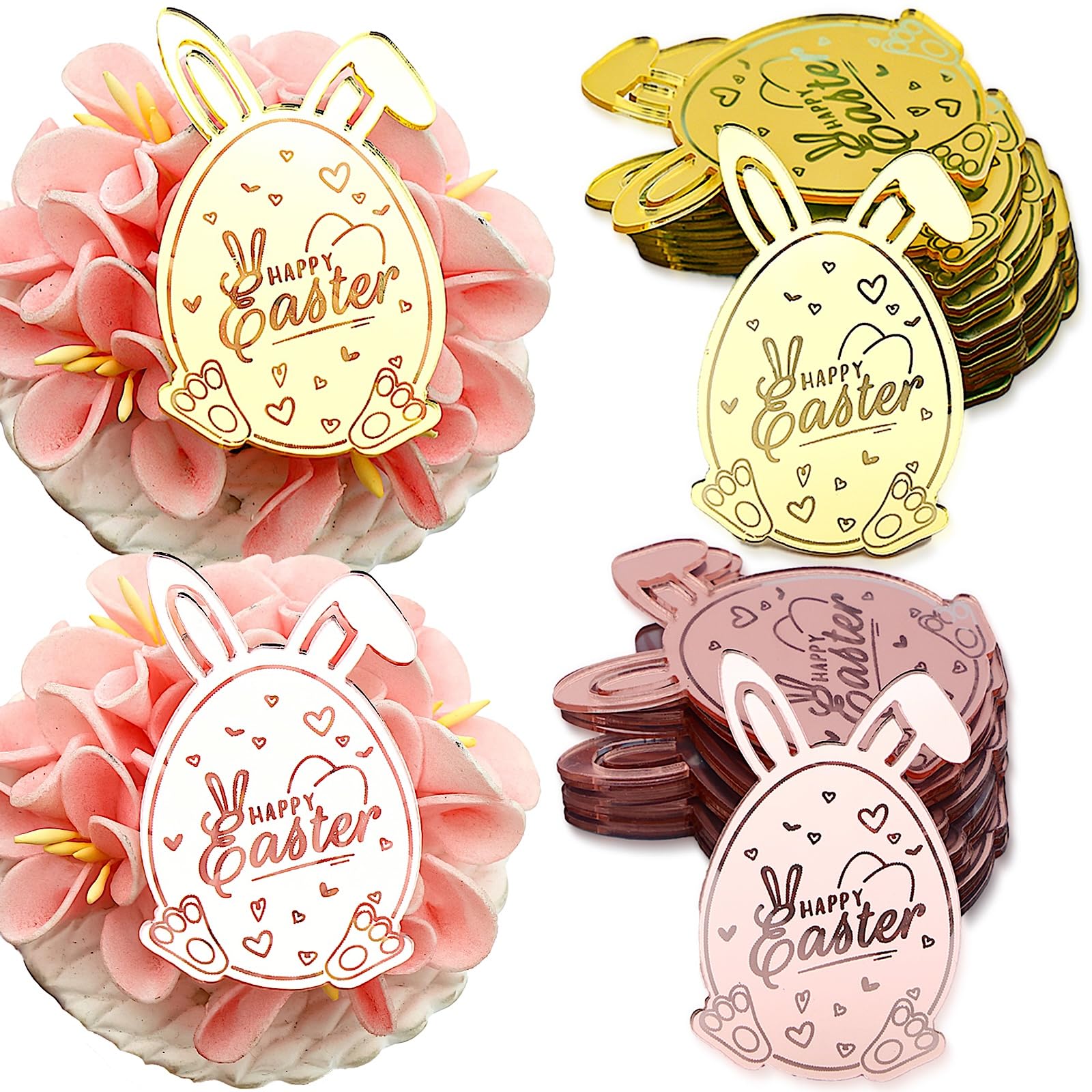 24 Pieces Easter Bunny Egg Acrylic Cupcake Toppers  Gold Rose  Easter Spring Theme Party Decorations