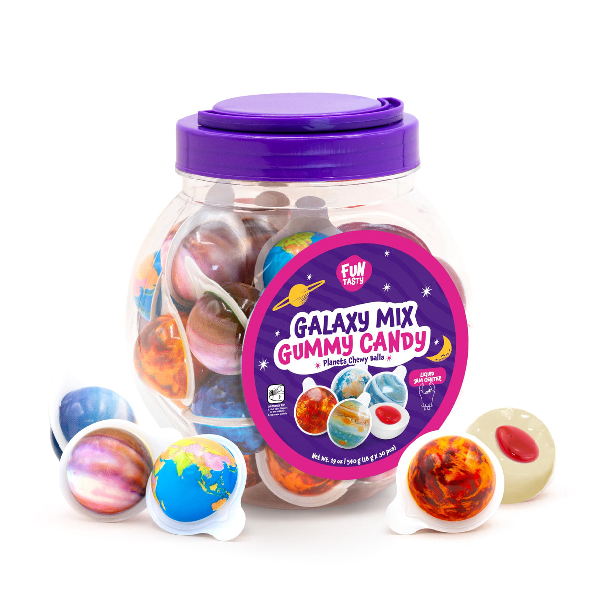 Funtasty Planet Mix Gummy Balls Candy - 19 Ounce Jar (30 Count) - Jam Center - Bubblegum Flavor - Party Favors