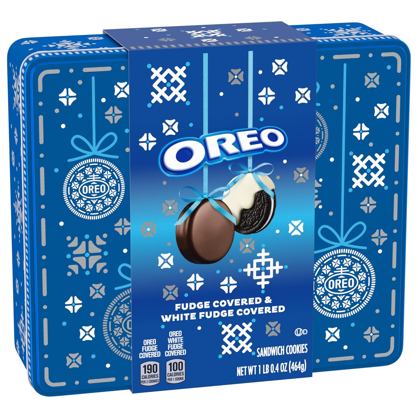 OREO Fudge and White Fudge Covered Chocolate Sandwich Cookies, Holiday Cookies, 1.02 lb Tin