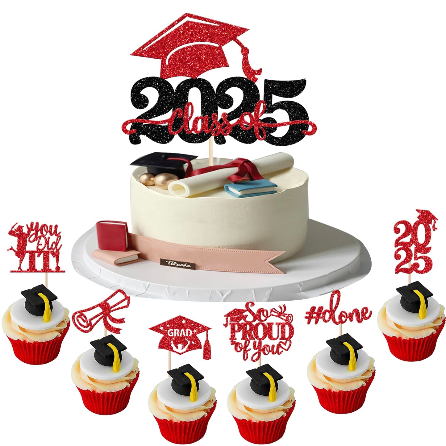YCTHUNFISH Graduation Cupcake Toppers, 25 Pack, Red, Glitter, Diploma Grad Cap Cake Decorations for 2025 Graduation Theme Party