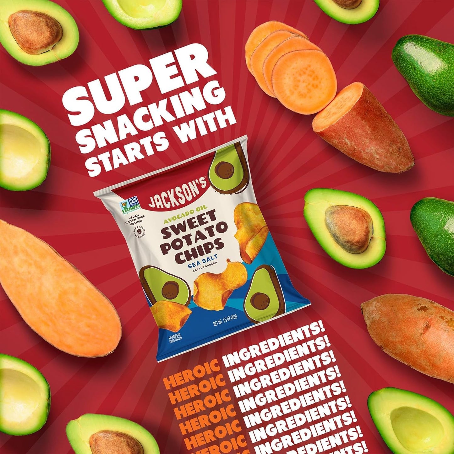 Jacksons Sweet Potato Kettle Chips, Sea Salt, Vegan, Gluten Free, 1.5 Ounce (Pack of 18)