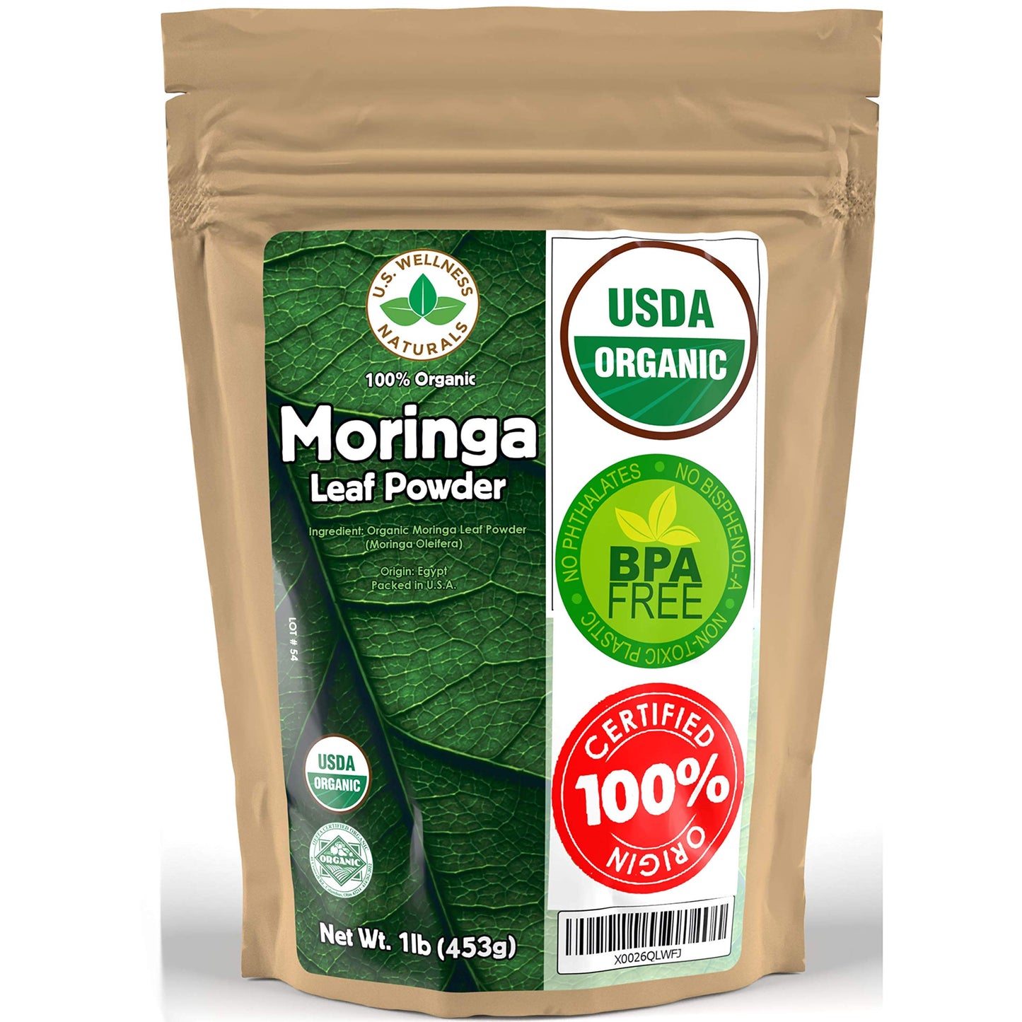 U.S. Wellness Naturals Moringa Powder 100% Organic Oleifera Leaf 1LB - Pure Leaf, Resealable Bag