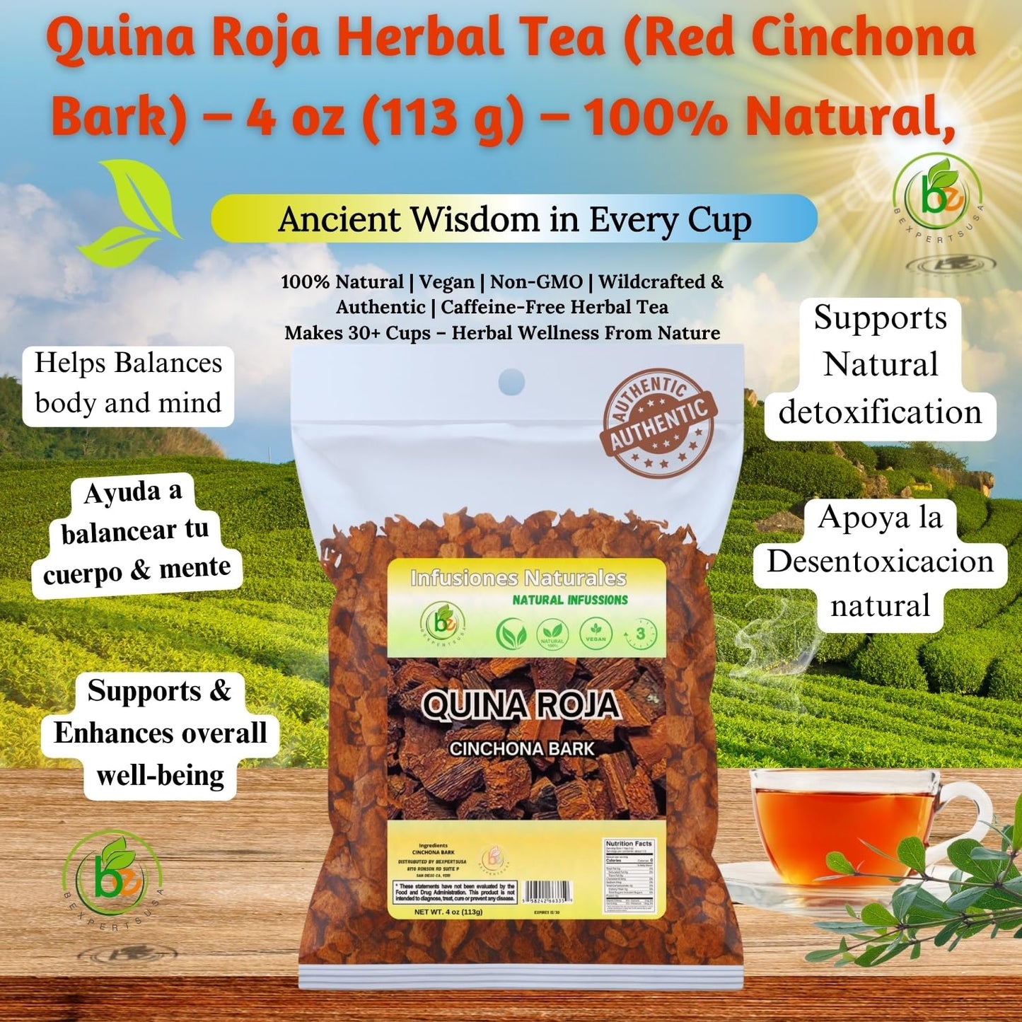 Quina Roja Herbal Tea (Red Cinchona Bark) - 4 oz (113 g) - 100% Natural  Vegan  Non-GMO  Gluten-Free  Wildcrafted Herbal Tea - Crafted by Nature - Authentic & Fresh Loose Leaf Tea - by BexpertsUSA