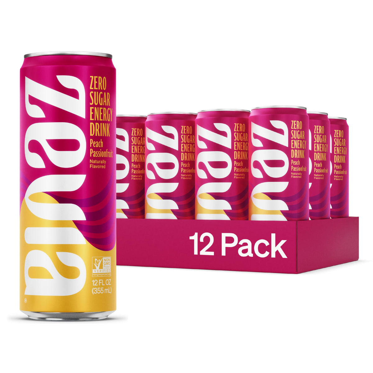 Zevia Zero Sugar, Peach Passionfruit Energy Drink, 12 Fl Oz Cans (Pack of 12)