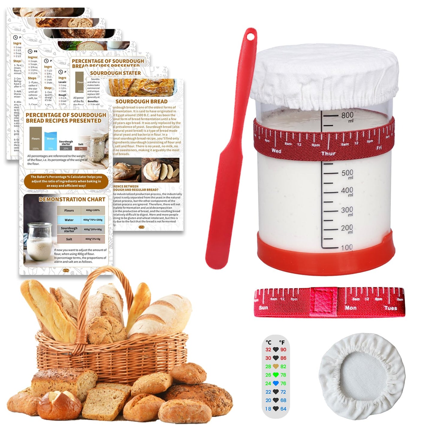 SAGOOITS Sourdough Starter Kit, 34oz Glass Jar with 6 Tools, Red, Basic Model