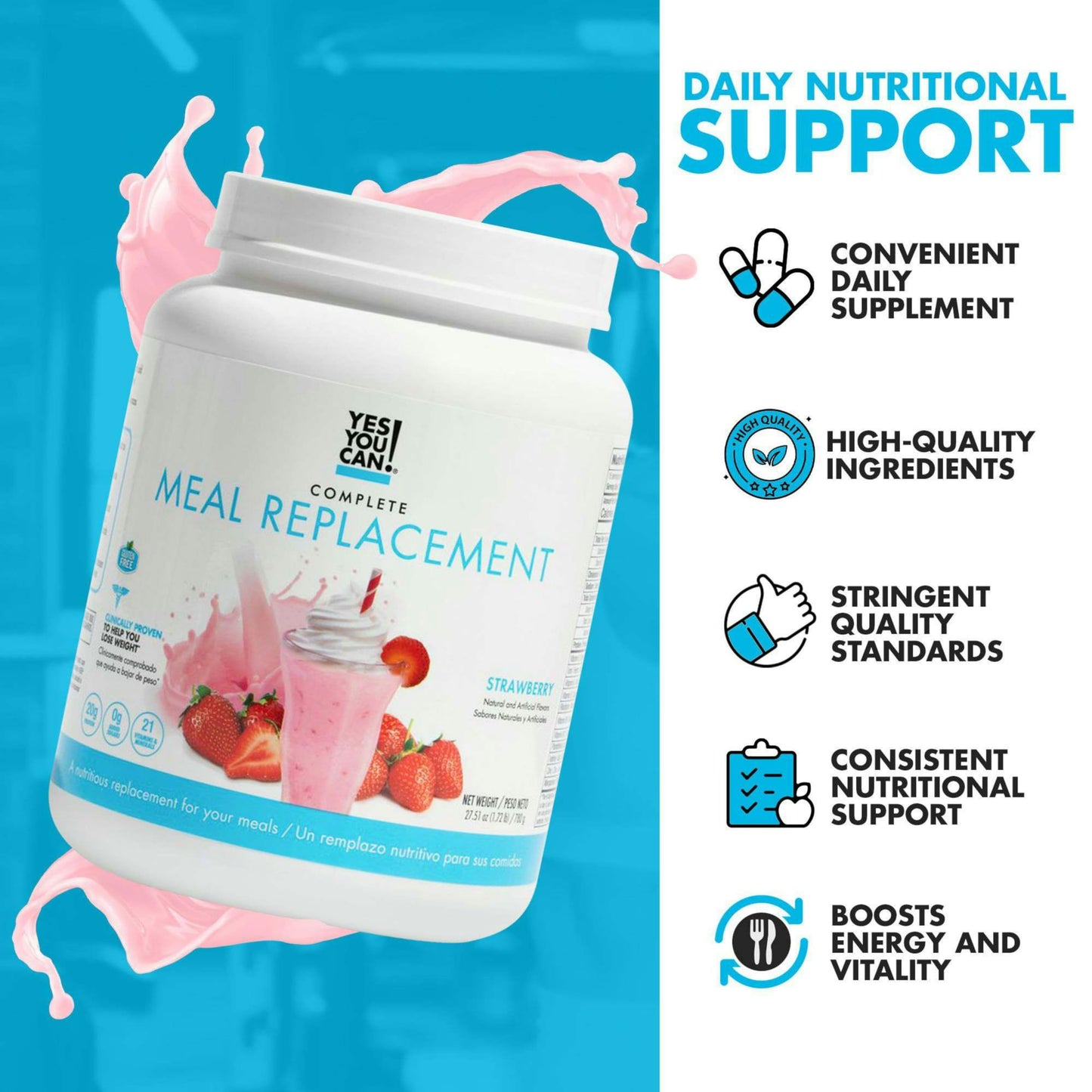 Yes You Can! Meal Replacement Shake - 30 Servings, 20g Protein, 22 Vitamins & Minerals, Strawberry Flavor
