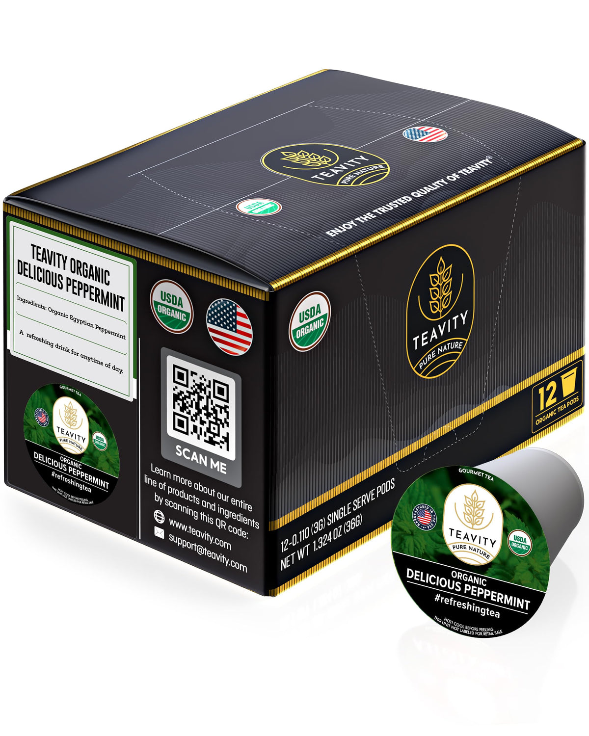 Organic Peppermint Tea Pods For Keurig - Decaf Tea By Teavity (12 Tea Pods)