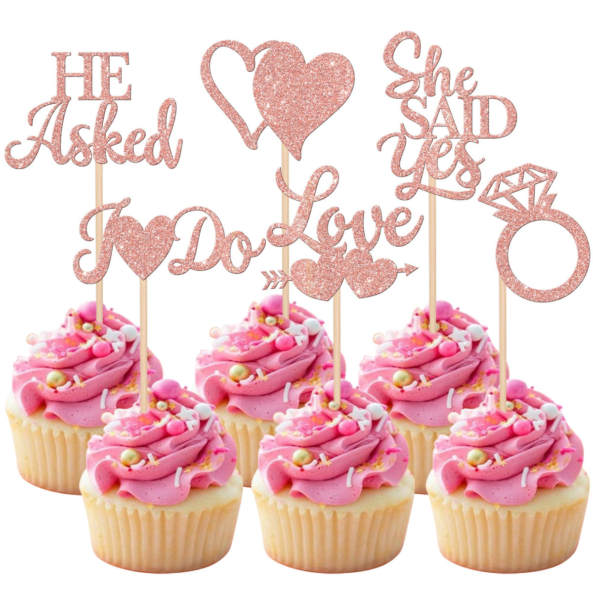36 Pack He Asked She Said Yes Cupcake Toppers Glitter Ring Love Heart I Do Cupcake Food Picks For Wedding Engagement Bridal Shower Party Cake Decorations Supplies Rose Gold
