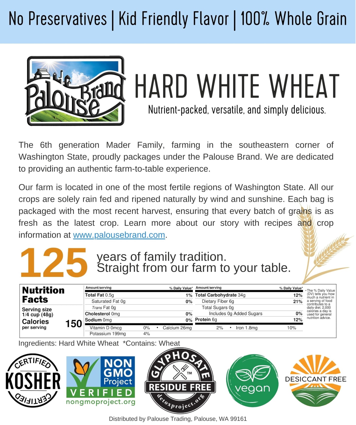 Palouse Brand Certified Glyphosate Residue Free | Hard White Wheat Berries | 15 LBS | Family Farmed in Washington State | Sprout