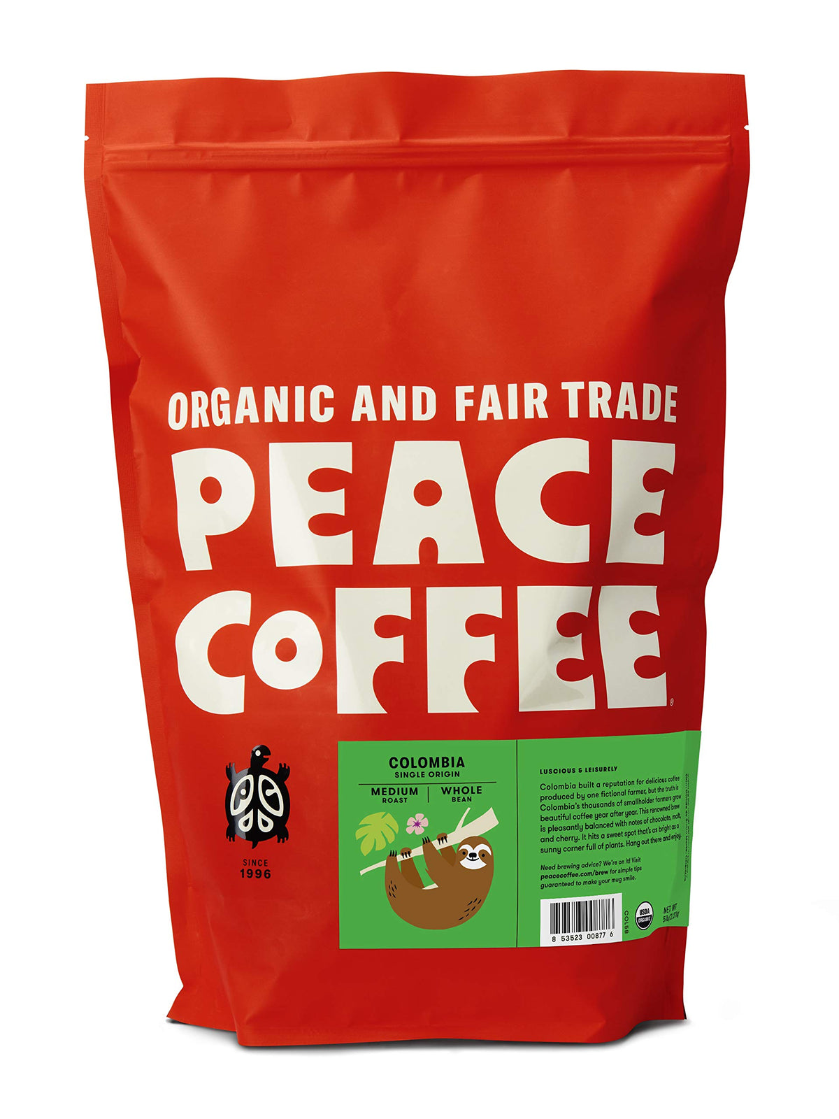 Peace Coffee Colombia Single Origin Coffee | 5 lb Whole Bean Medium Roast | Organic Fair Trade | Smooth, Crisp Flavor | Shade Gr