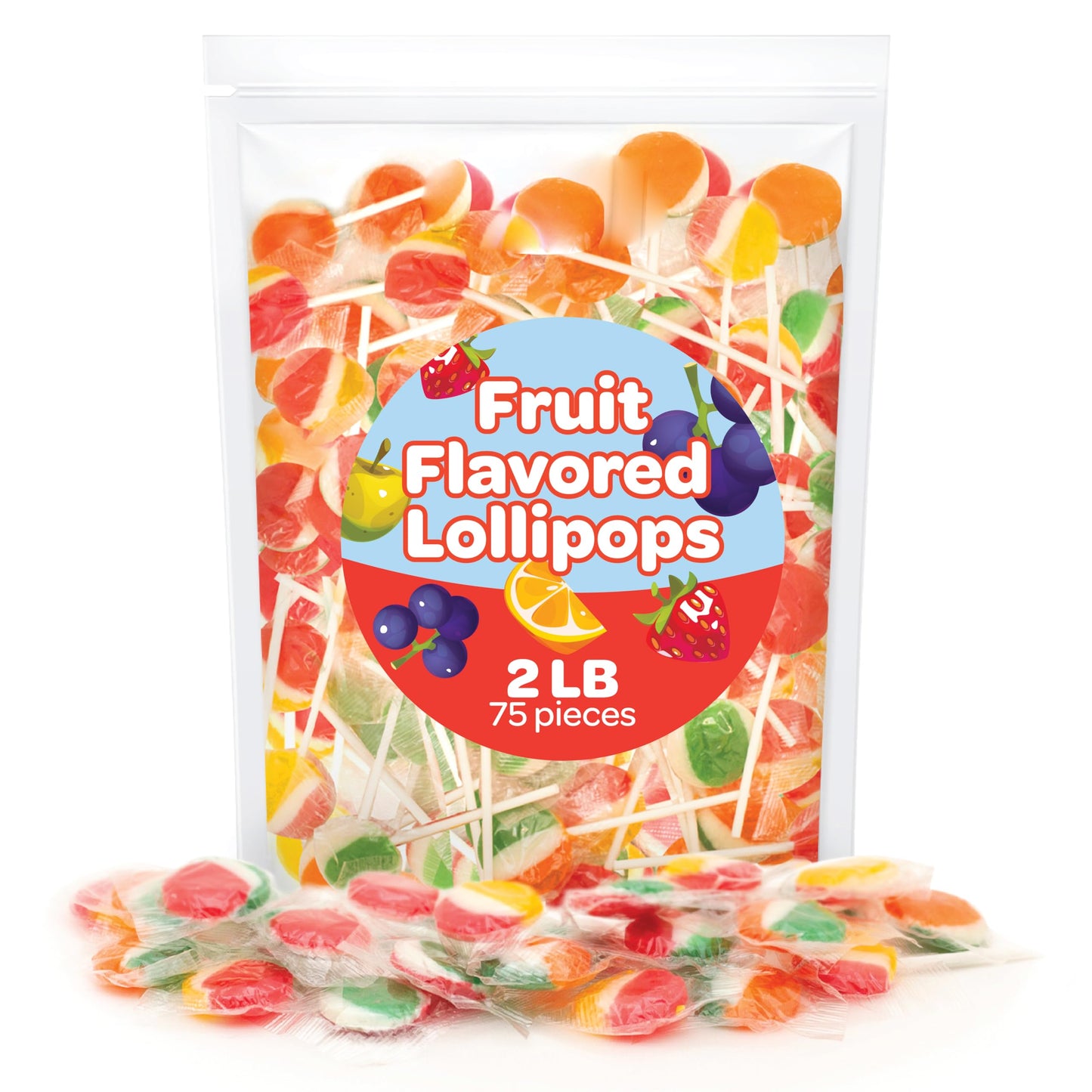 Flat Lollipops Hard Candy, Bulk Pack 2 Pounds (75 Count), Assorted Fruit Flavored