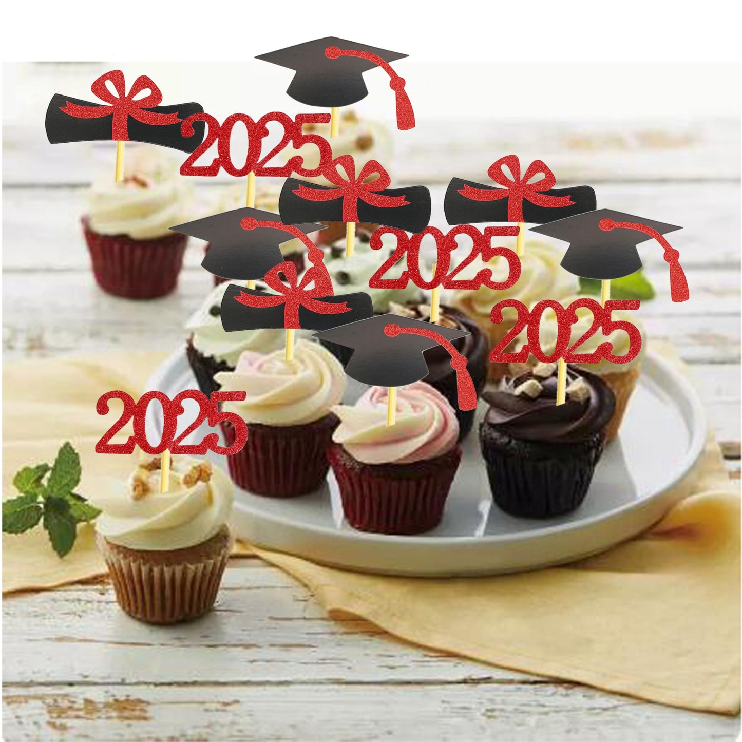 YuBoBo Graduation Cupcake Toppers, 48 PCS Food Picks, Red Paper Grad Cap & Diploma Decorations