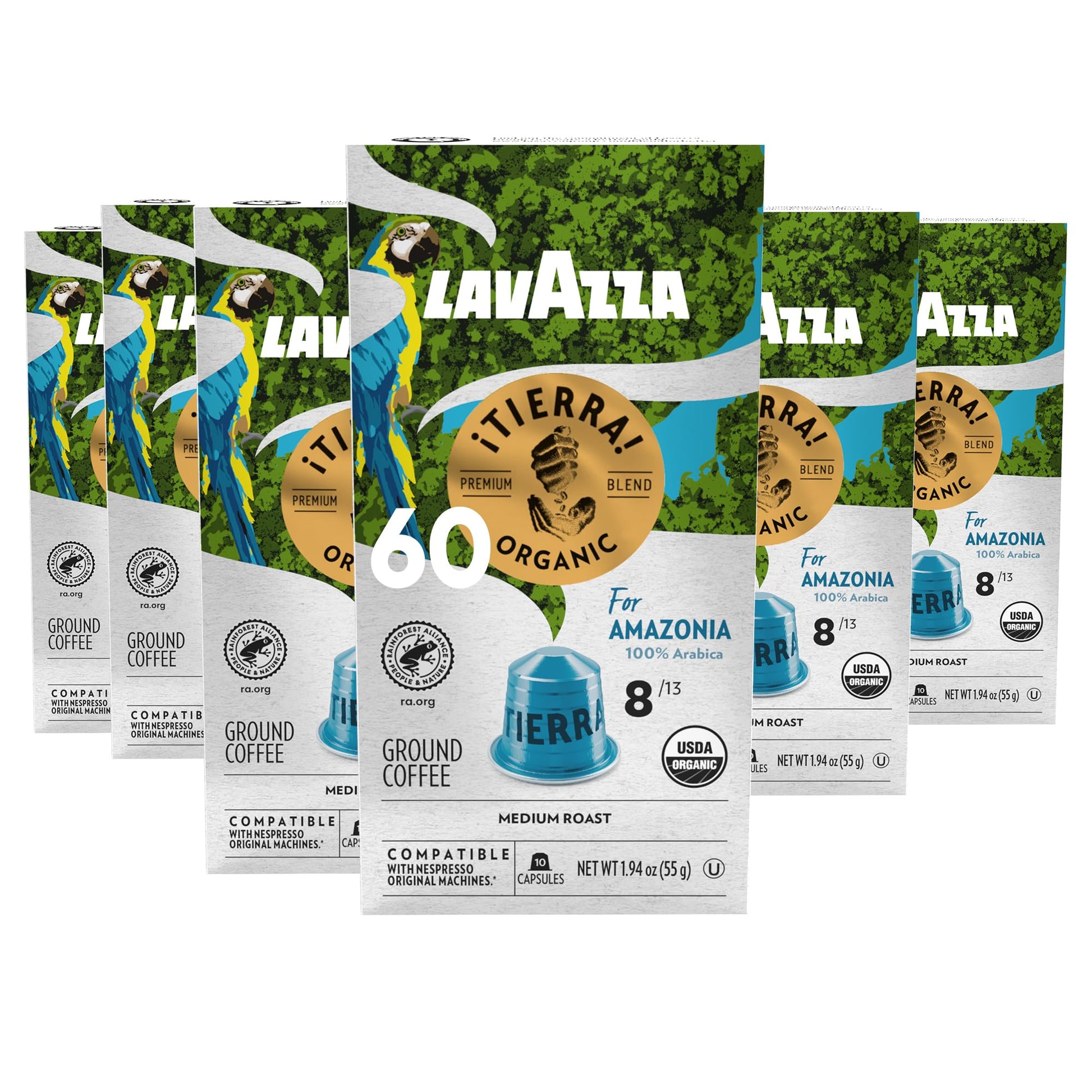 Lavazza TIERRA AMAZONIA Espresso Capsules, Medium Roast 100% Arabica, Intensity 8, Compatible with Nespresso, Pack of 60