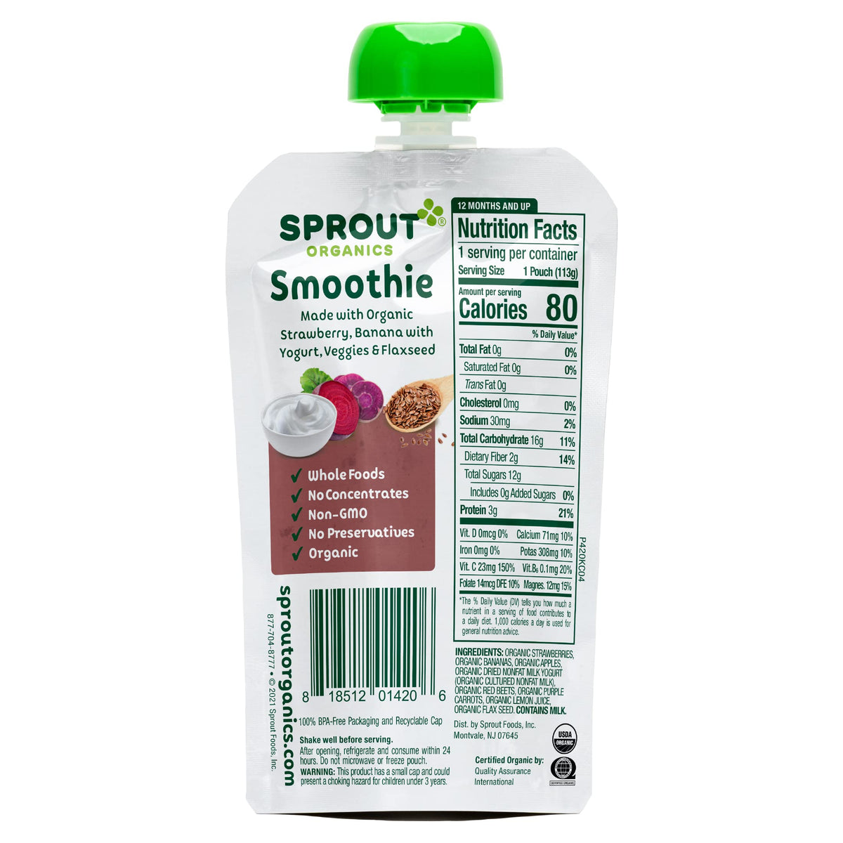 Sprout Organic Baby Food, Stage 4 Toddler Smoothie Pouches, Strawberry Banana & Yogurt, 4 Oz Purees (Pack Of 12)