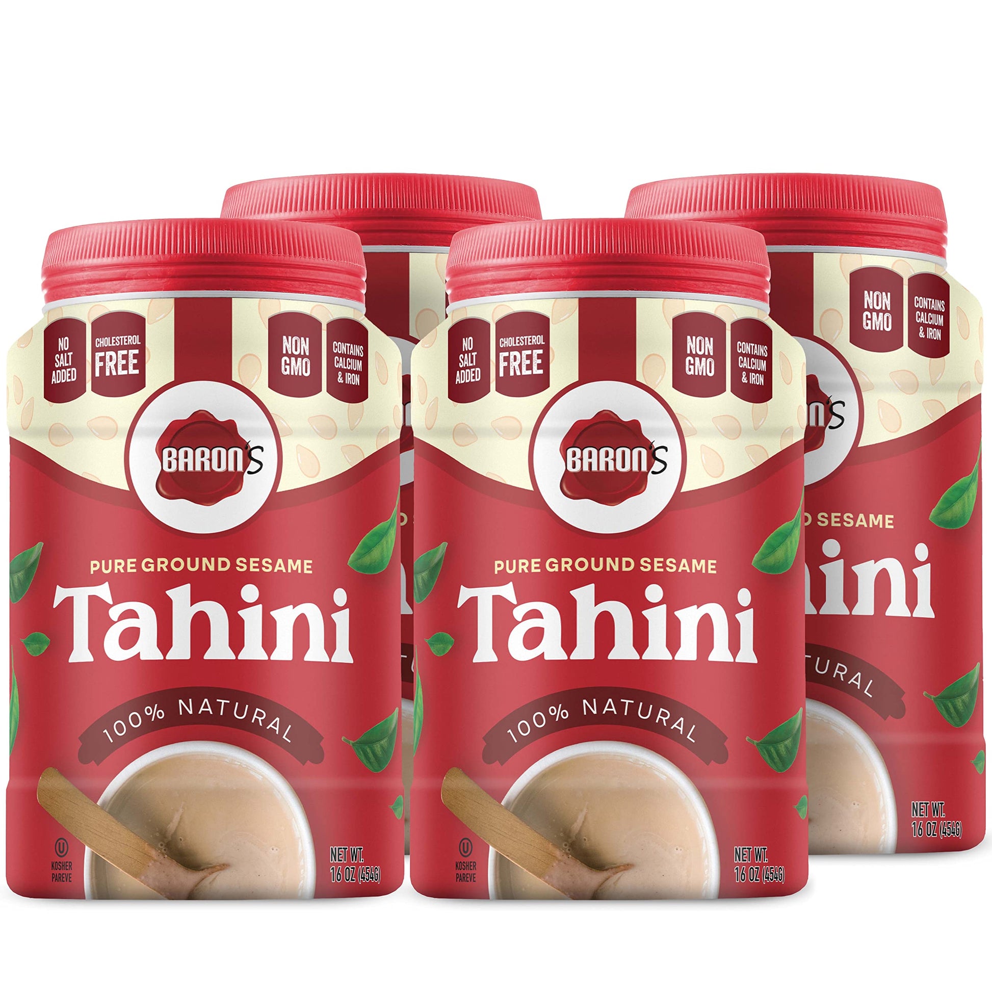 Barons Pure Tahini Sesame Paste | Rich Creamy Spread for Hummus, Dips, Sauces | 4 x 16 oz Jars | Kosher, Vegan, Keto friendly, 