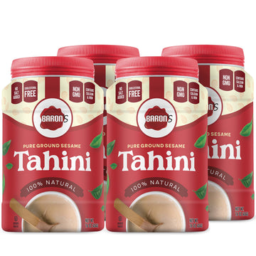Barons Pure Tahini Sesame Paste | Rich Creamy Spread for Hummus, Dips, Sauces | 4 x 16 oz Jars | Kosher, Vegan, Keto friendly, 
