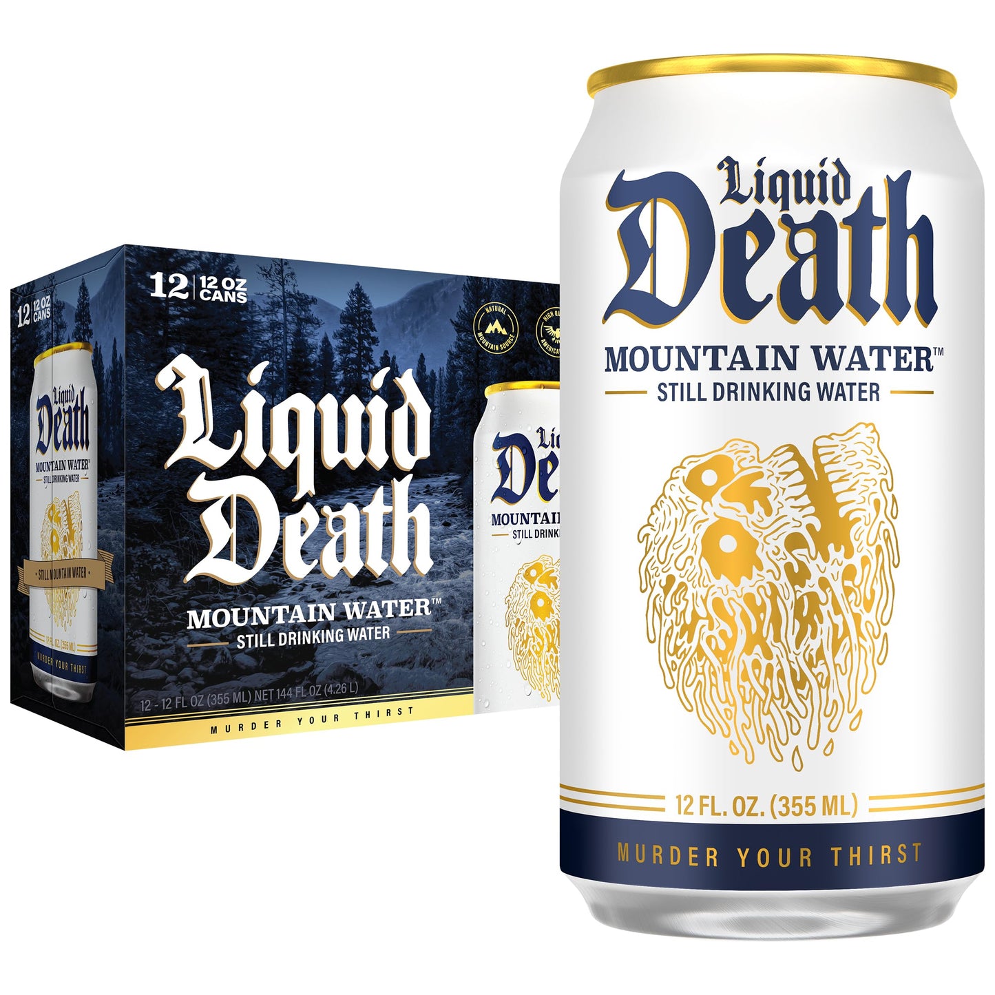 Liquid Death Still Mountain Water - 12oz Cans, Natural Source, 12-Pack, Infinitely Recyclable