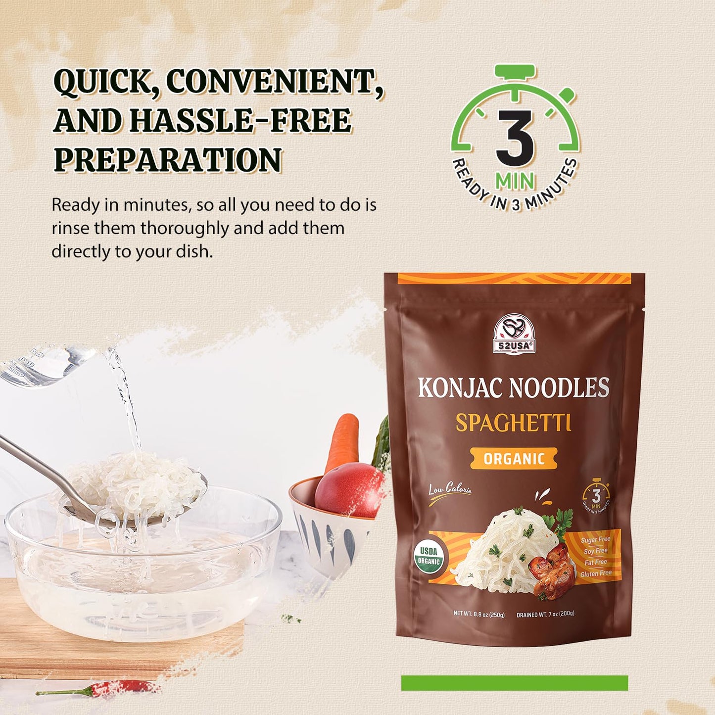 52USA Organic Konjac Shirataki Noodles, Low Carb Pasta, 64 Oz, Vegan, Keto Friendly, 3 Varieties in 6 Pack