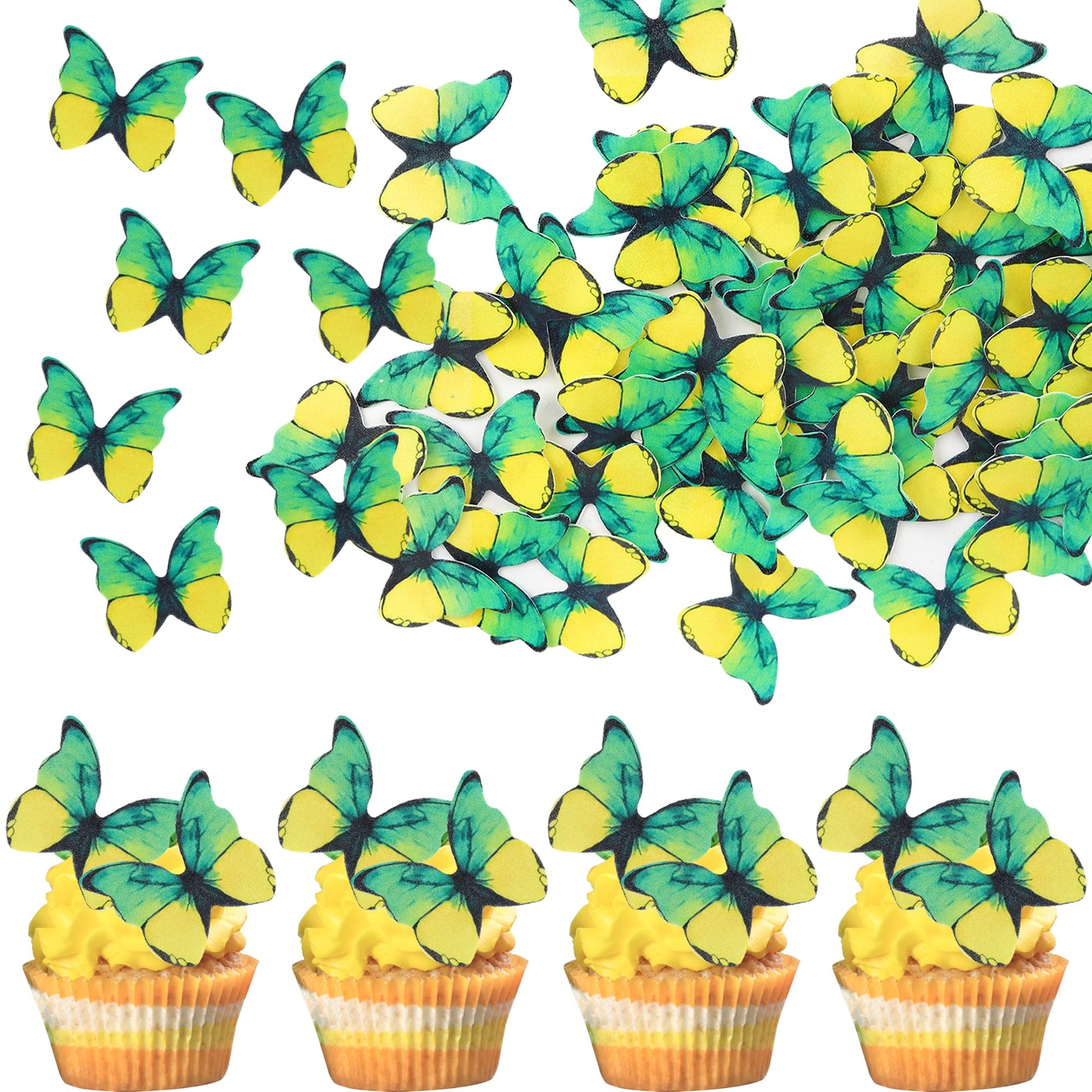 Rsstarxi 48 Pack Wafer Paper Butterflies Cake Decorations, Edible Cupcake Toppers for Parties, Green