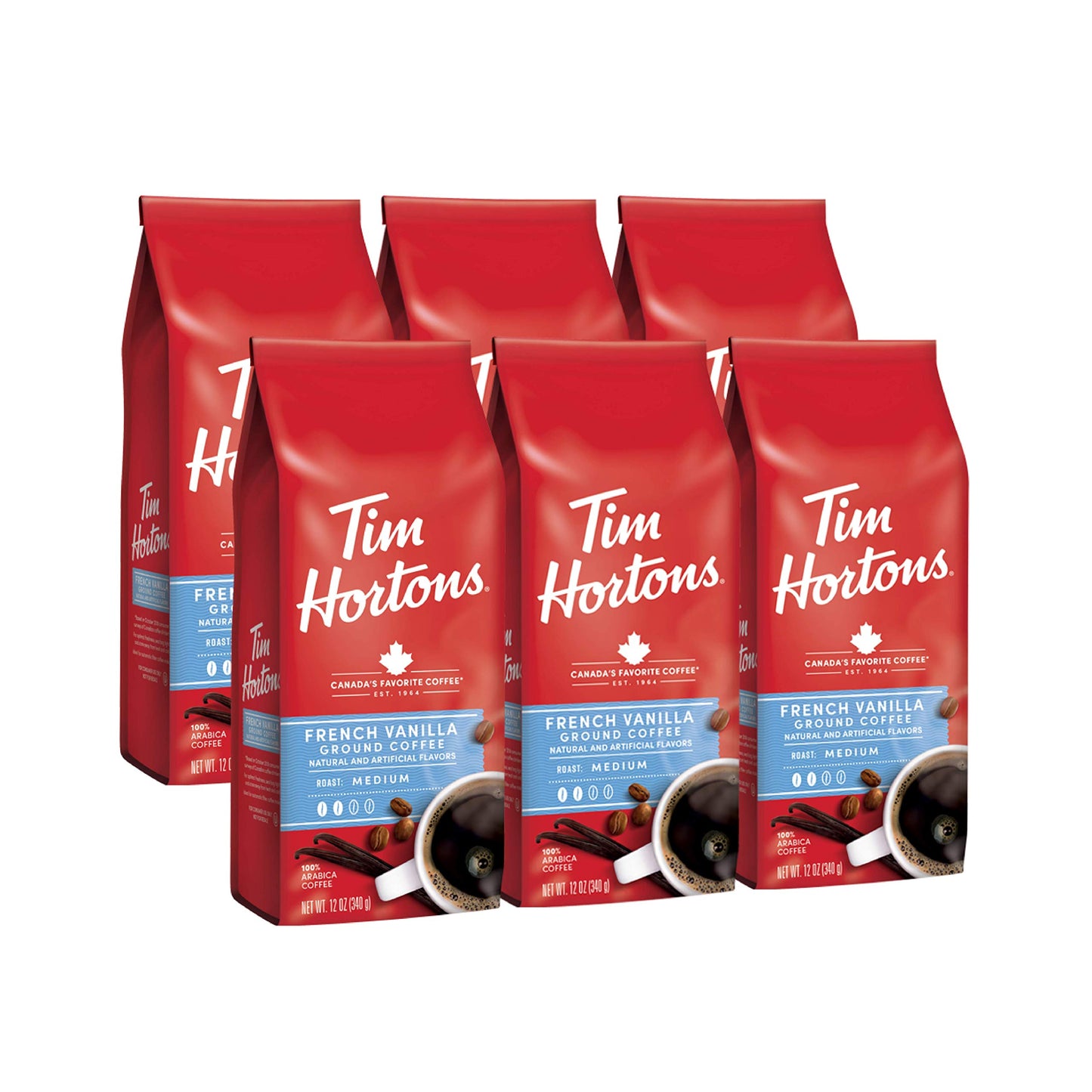 Tim Hortons French Vanilla Ground Coffee, 100% Arabica, 12 Oz (Pack of 6), Smooth Flavor