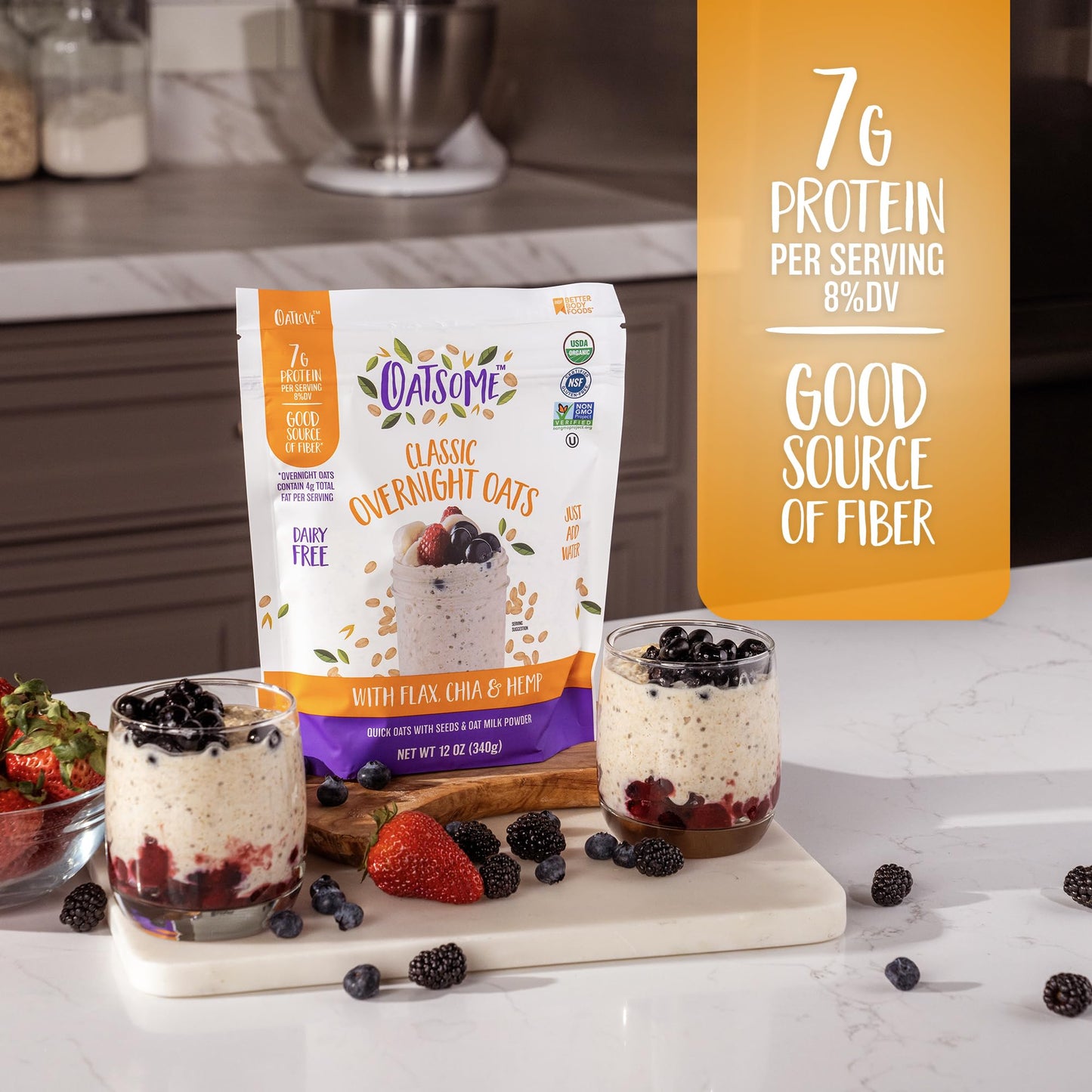 Oatsome Organic Overnight Oats with Chia, Flax, & Hemp, Gluten-Free Oatmeal with 7g of Protein, 7.8oz Bag