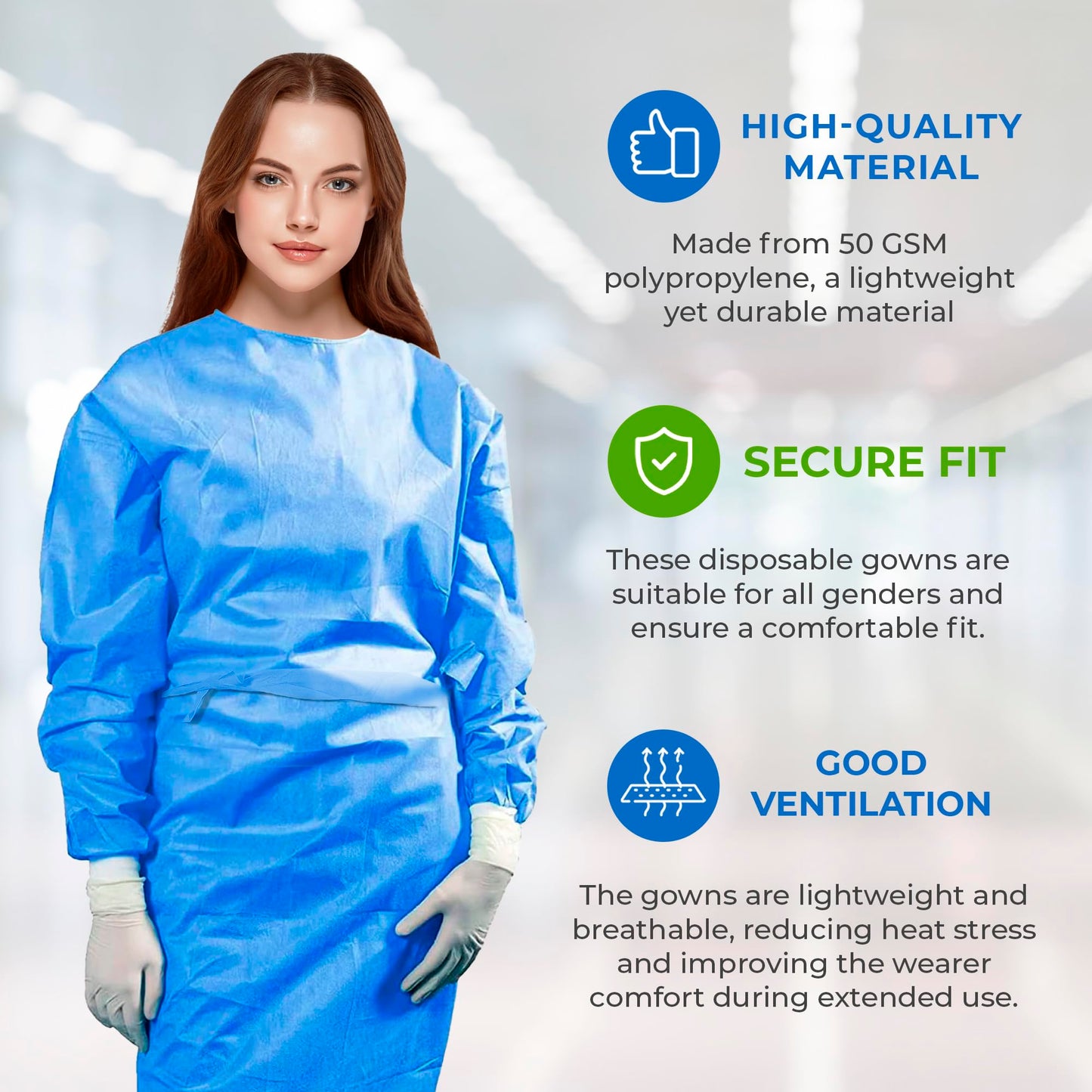 Disposable Medical Gowns Pack Of 10 Blue Isolation Gowns Disposable Frocks Large 50Gmm2 Polypropylene Ppe Medical Gown With Elas