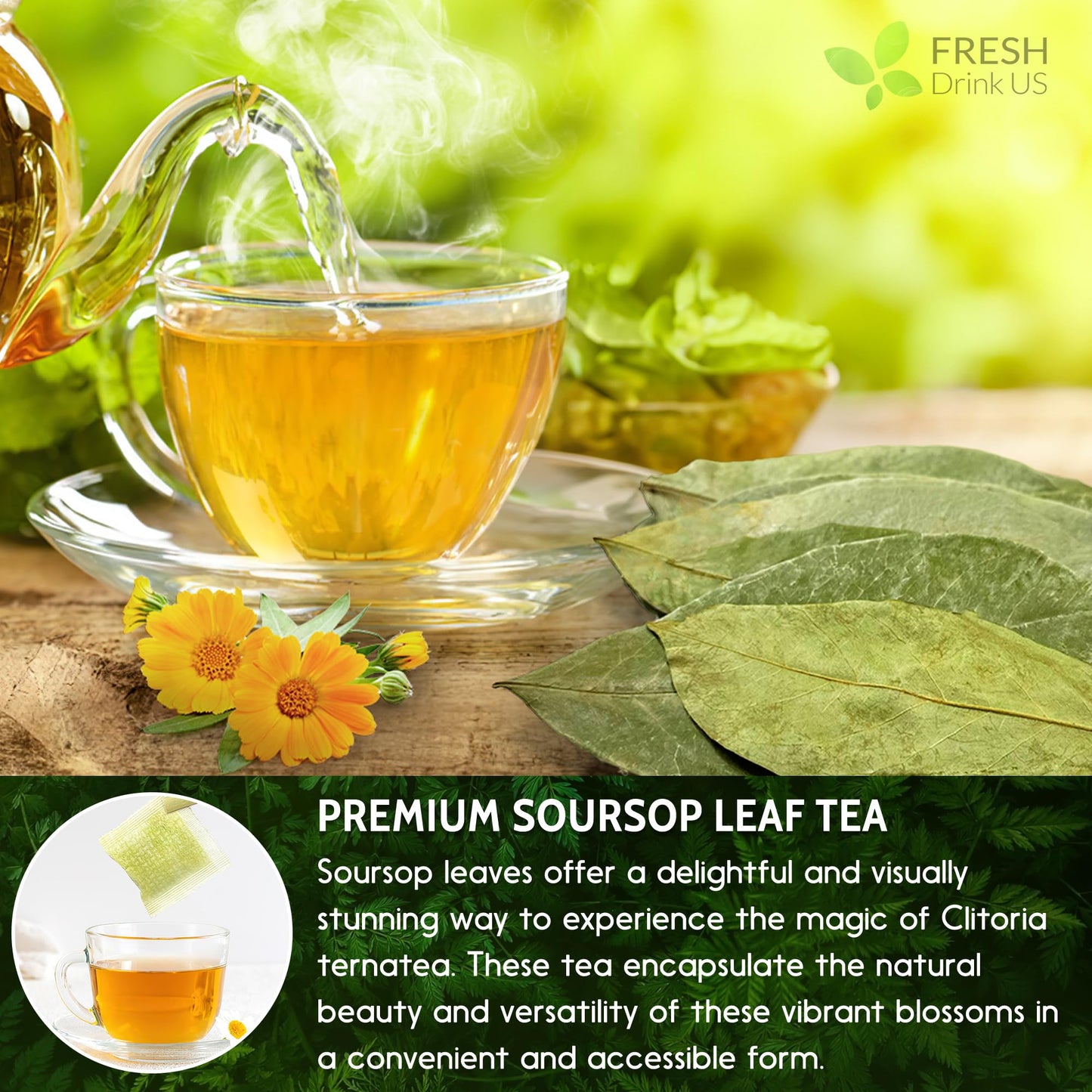 FRESHDRINKUS Soursop Graviola Leaf Tea Bags, 100% Natural, Handmade, 40 Bags, Caffeine/Sugar/Gluten Free