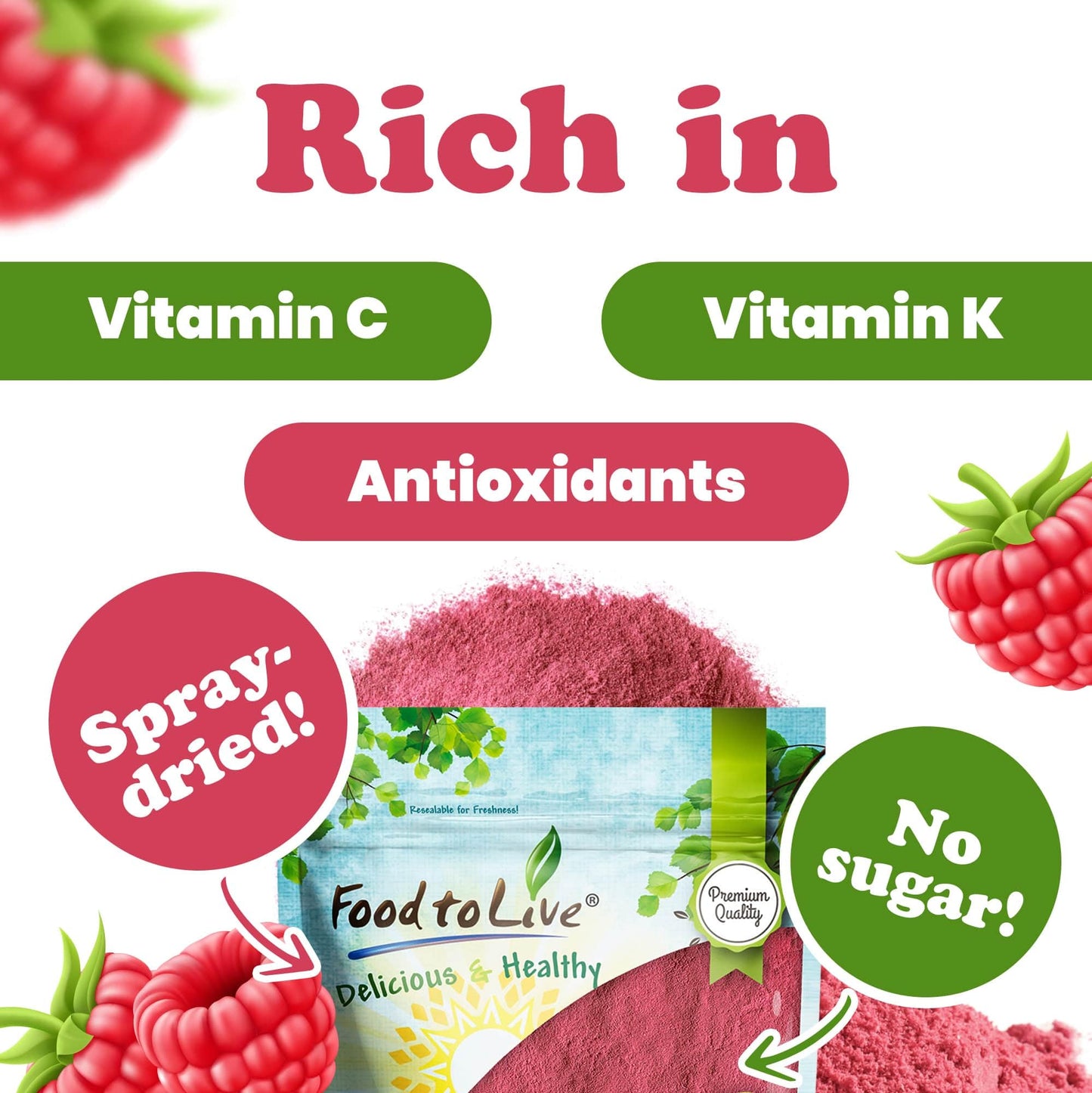 Food to Live Raspberry Powder, 1 Pound - Antioxidant-Rich Superfood for Immune Support, Skin Health - Spray-dried, No Sugar Adde