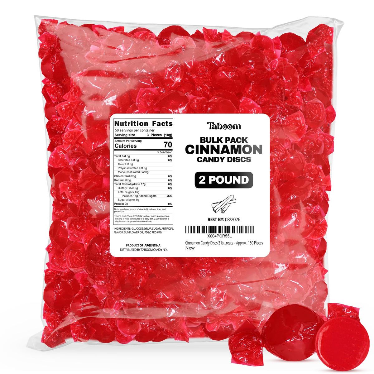 Cinnamon Hard Candy Discs 2 Lbs Bulk Pack - Approx. 150 Individually Wrapped Spicy Cinnamon Flavored Hard Candies For Parties  Offices & Treats - Taboom