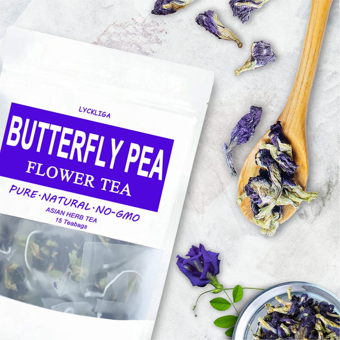 LYCKLIGA Butterfly Pea Flower Tea - 15 Premium Dried Tea Bags, Antioxidant Blue Tea for Drinks