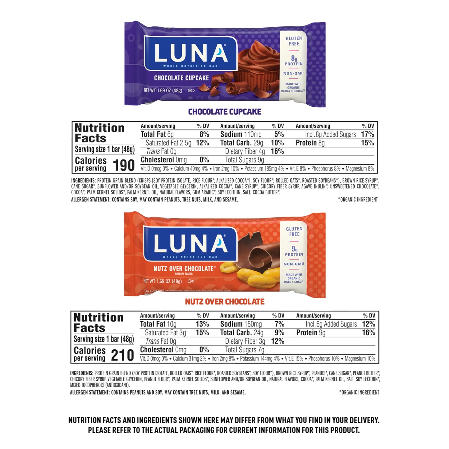 Luna Bar - Variety Pack - Nutz Over Chocolate And Chocolate Cupcake Flavor - Gluten Free Snack Bars - Non-Gmo - Protein Bars - Made With Organic Oats (12 Pack)