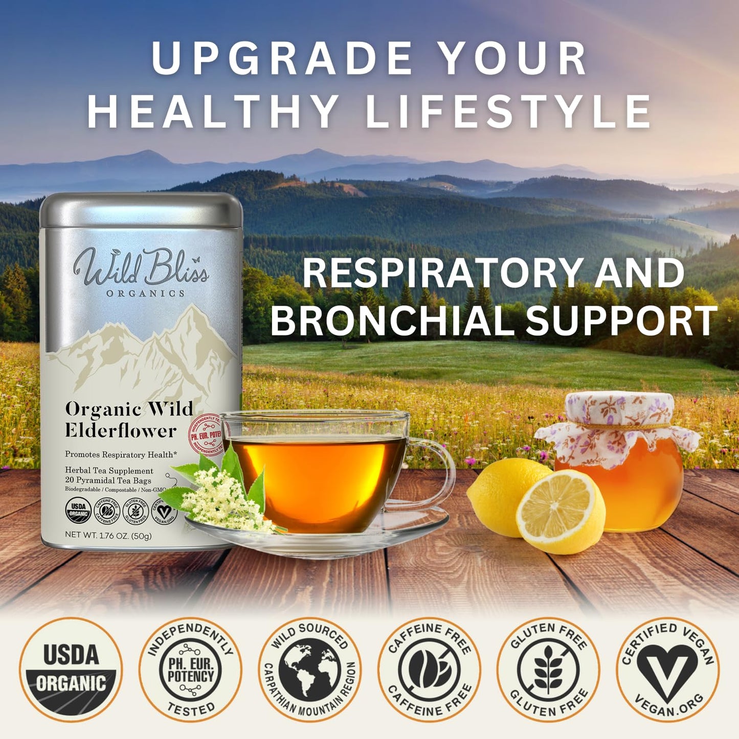 Wild Bliss Organic Elderflower Herbal Tea - Caffeine Free Tisane - 20 Plant Based Tea Bags