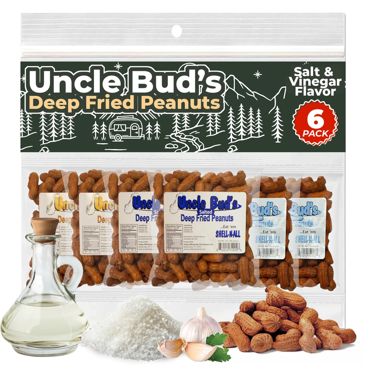 Jerky-n-Spice Uncle Buds Deep Fried Peanuts In Shell, Salted, High-Protein Snack, 42 Ounce, 6 Pack