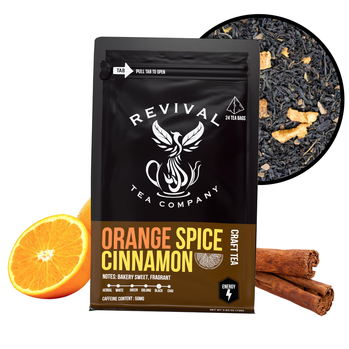Revival Tea Company Orange Spice Black Tea Bags – Caffeinated Cinnamon Orange Blend – 24 Count