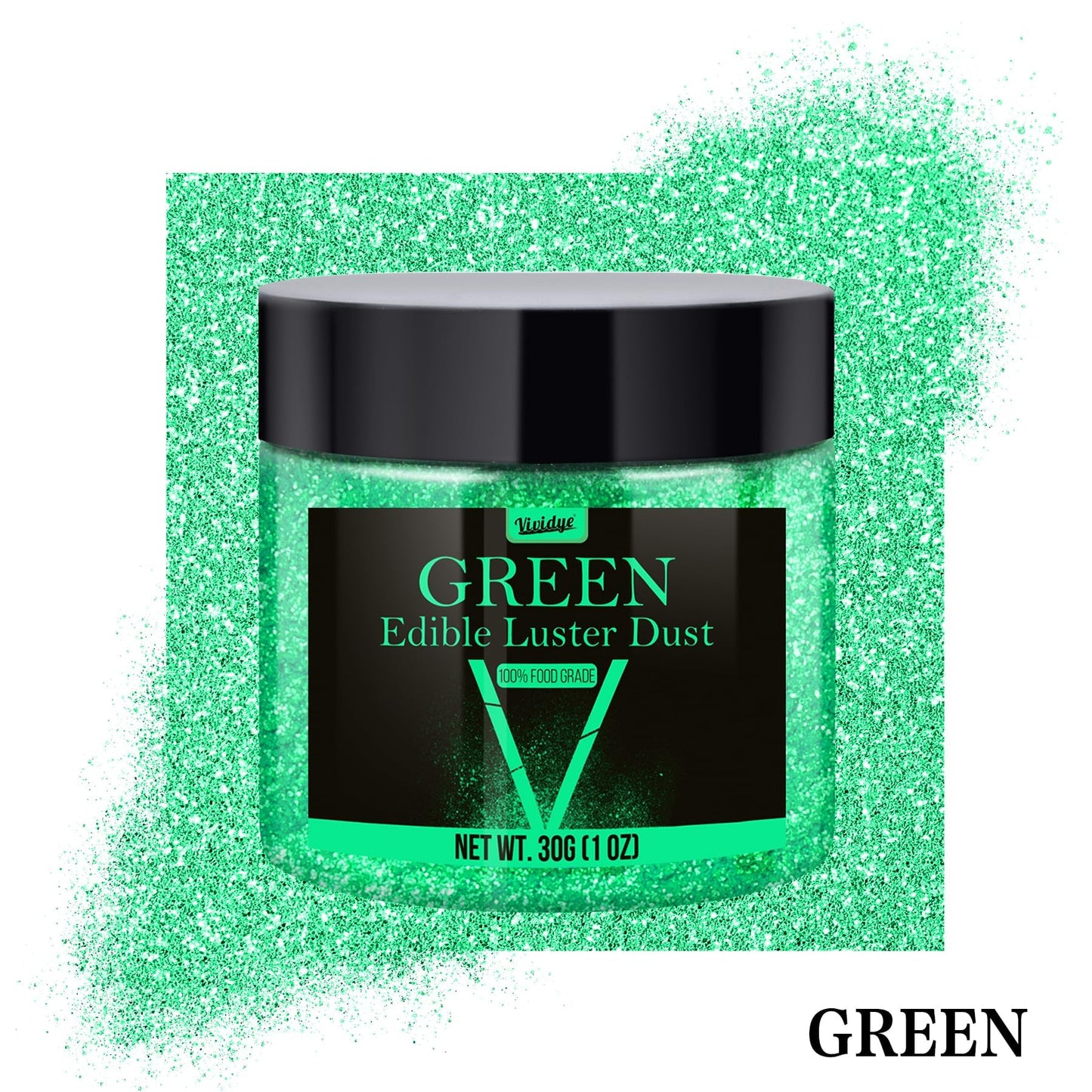 Vividye Edible Glitter Powder - 30g Luster Dust for Drinks, Foods, Cake Decoration - Green Shimmer Dust