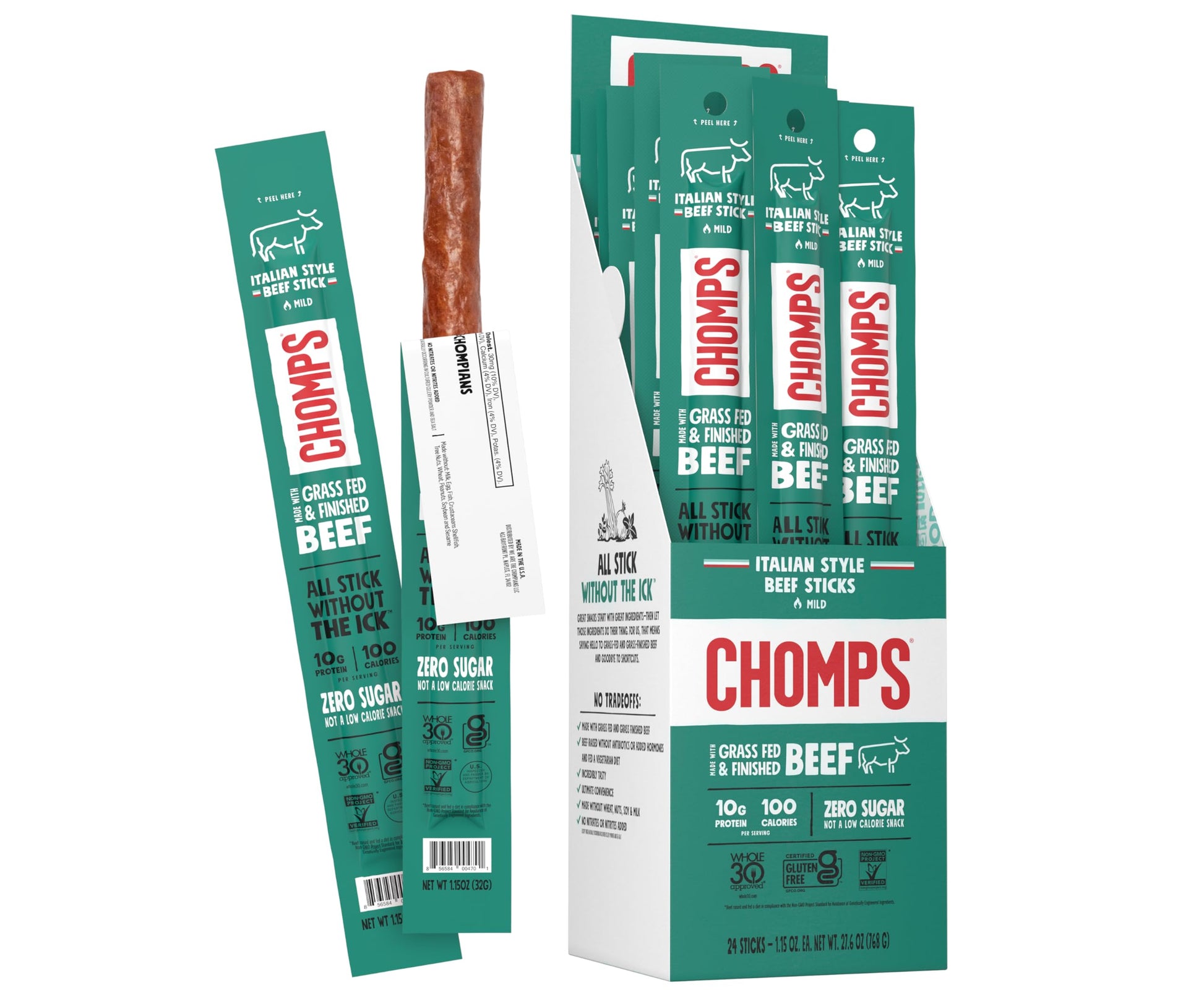 Chomps Grass Fed Beef Jerky Snack Sticks, Keto, Gluten Free, Sugar Free, 1.15 Oz, Pack of 24