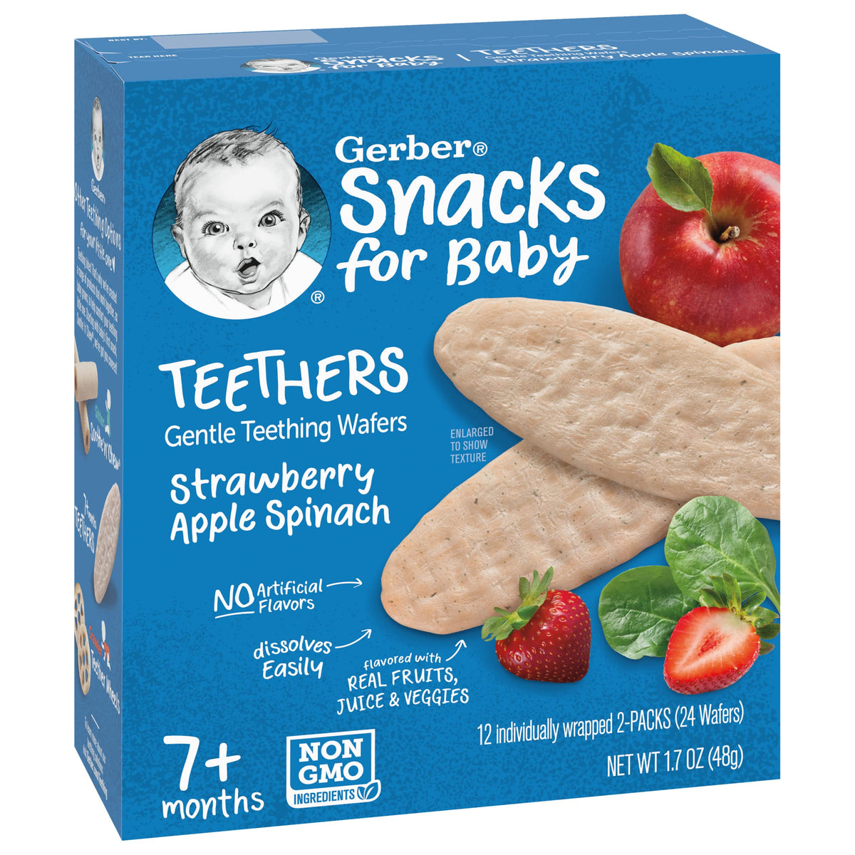 Gerber Snacks For Baby Teethers, Strawberry Apple Spinach, Gentle Teething Wafers, Non-Gmo Ingredients, 12 Individually Wrapped