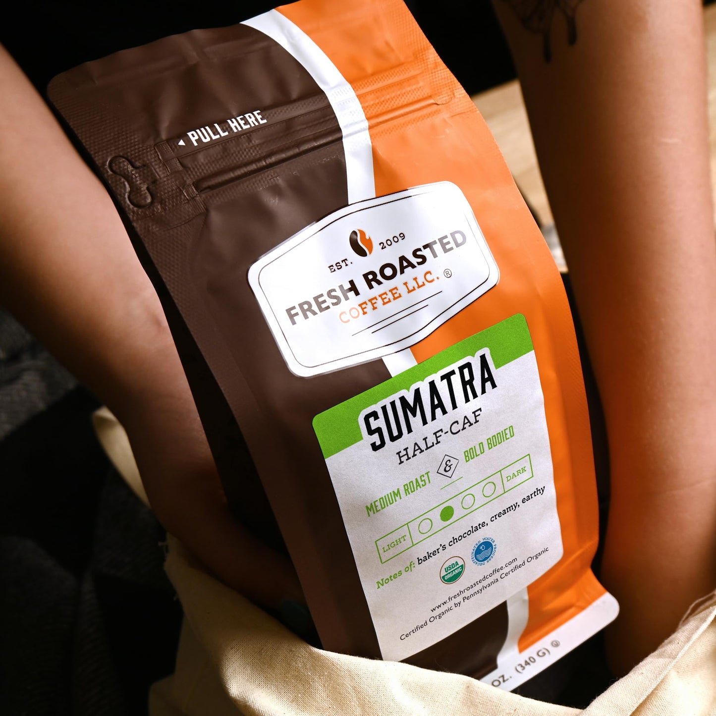 Fresh Roasted Coffee Organic Sumatra Half-Caf Medium Roast Whole Bean 12 oz